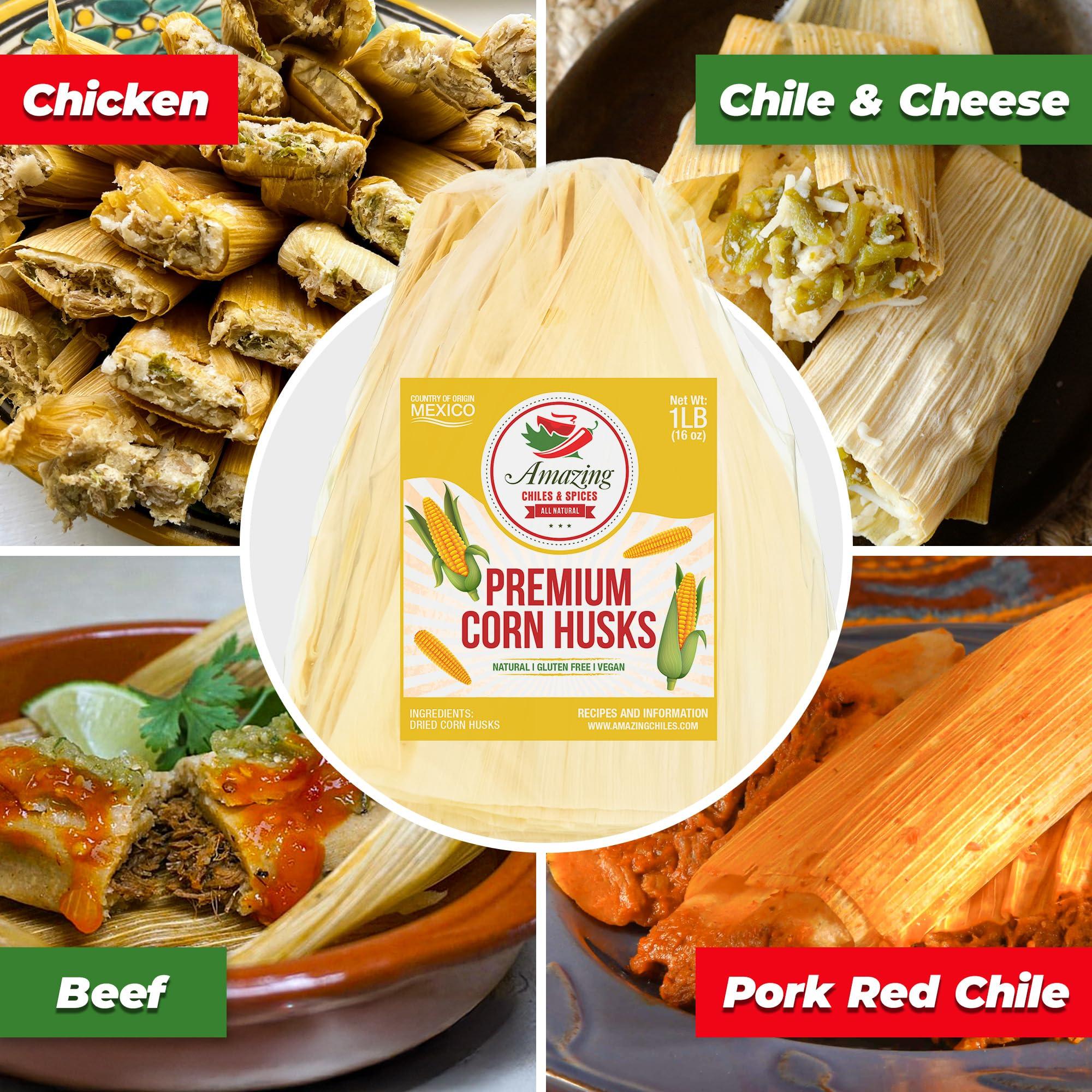 Amazing Chiles & Spices Corn Husks For Tamales 1 LB (16oz) - Natural and Premium Dried Corn Husk Tamale Wrappers | Perfect Hojas Para Tamal for Authentic, Flavorful Tamales | By Amazing Chiles and Spices