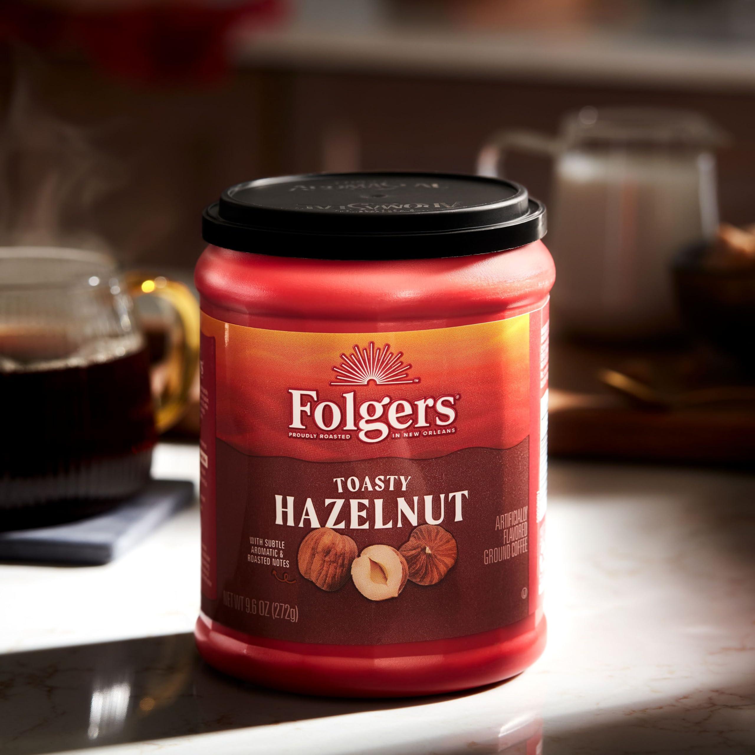 Folgers Folgers Toasty Hazelnut Flavored Ground Coffee, 9.6 Ounce Canister (Pack of 6)