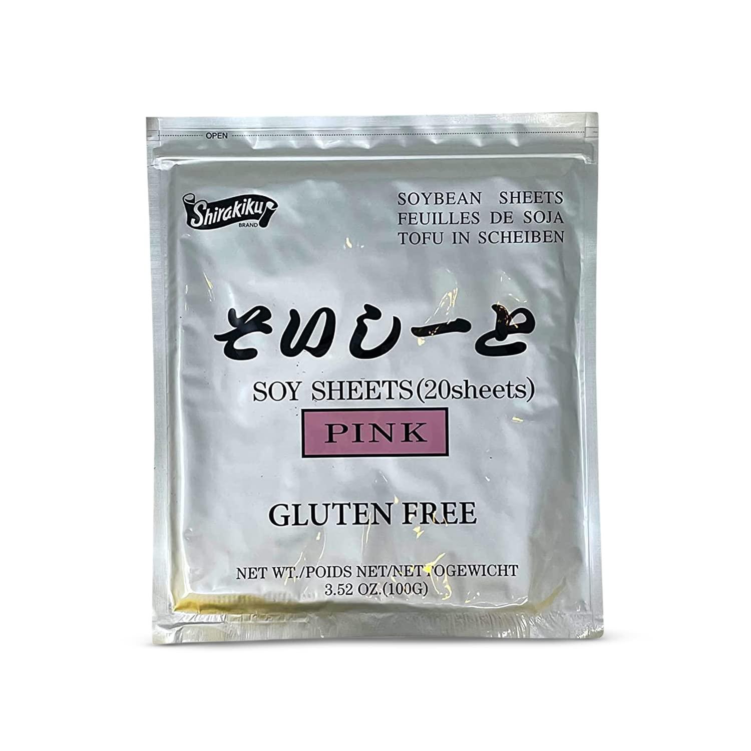 SHIRAKIKU BRAND Shirakiku Pink Sushi Soy Wrapper- Authentic Japanese Gluten-Free Wraps for Tofu, sushi | Soy Proteins, Corn Starch, Rice Powder, and Cochineal Extract | Easy to Use 20 Sheets - (3.52 Oz)