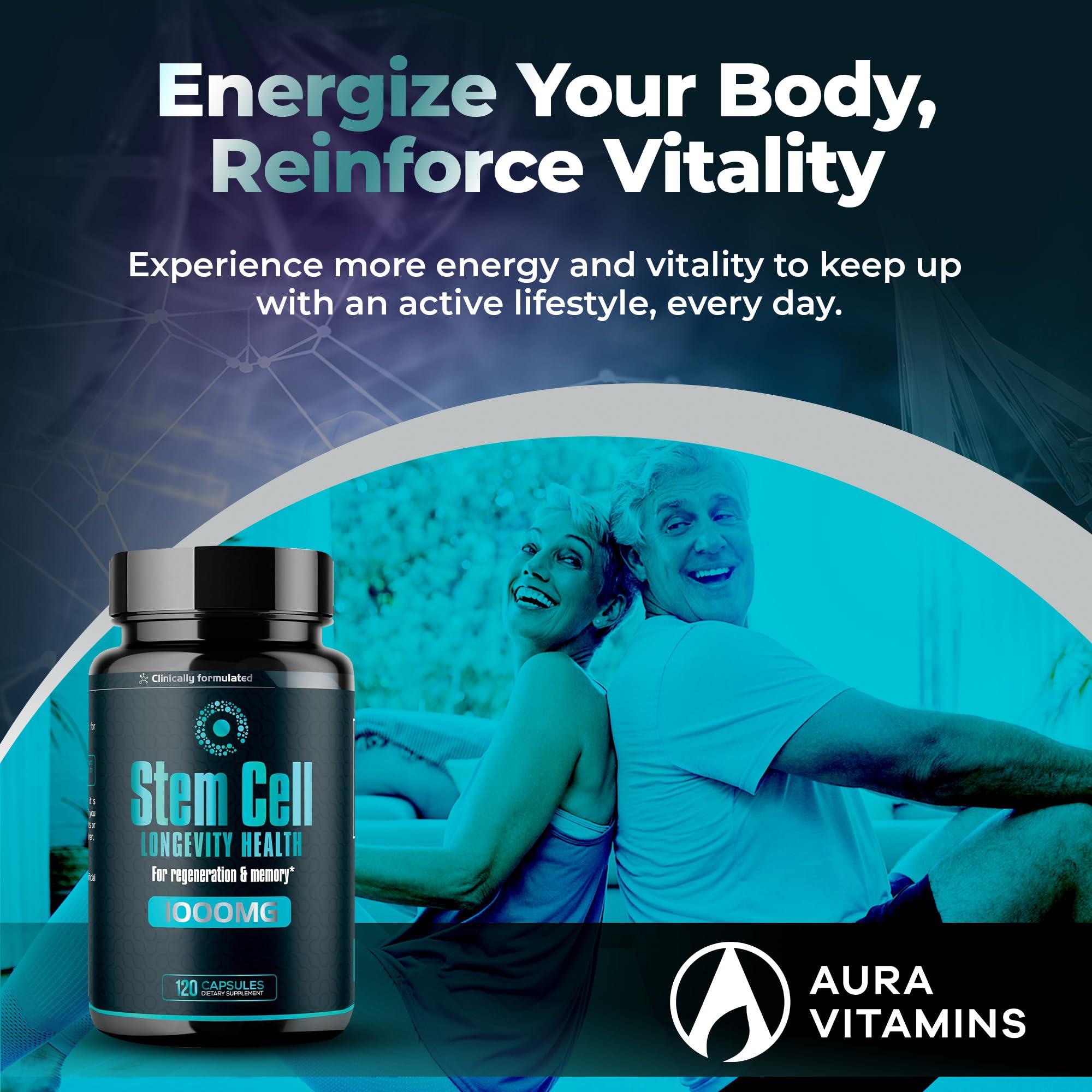 AURA VITAMINS Premium Stem Cell Supplements 1,000mg (120 Caps) Boost Immunity, Reduce Joint Soreness, Support Natural Anti-Aging & Longevity with Spirulina & Chlorella for Vitality, Celulas Madre Health Formula
