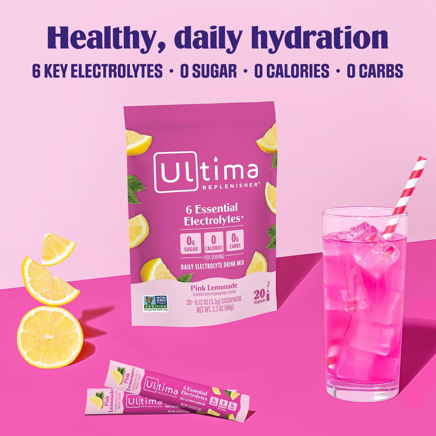 Ultima Replenisher Ultima Replenisher Electrolyte Powder Drink Mix Bundle  Lemonade and Pink Lemonade, 20 Stickpacks  6 Electrolytes and Minerals  Keto Friendly, Vegan, Non-GMO and Sugar-Free