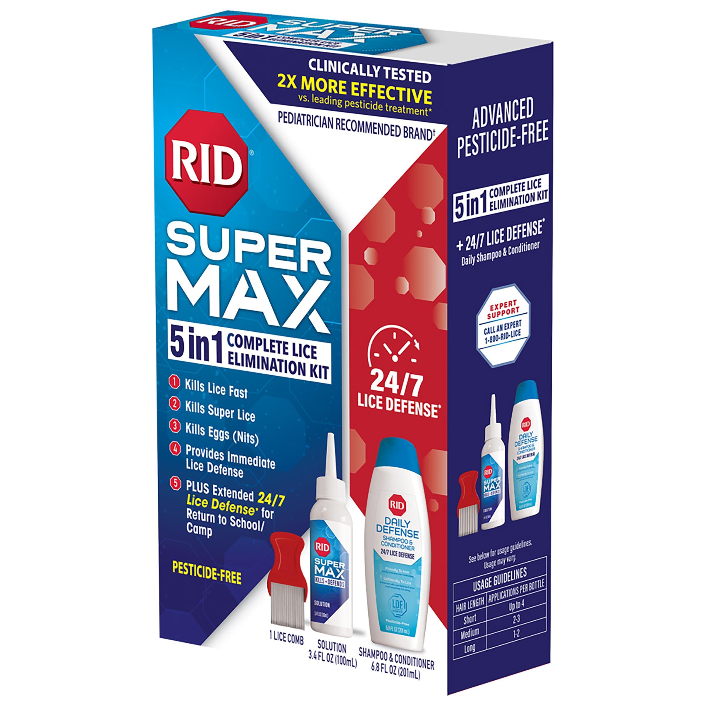 RID RID Super Max Lice Treatment Kit, Kills Lice & Super Lice & Eggs + 24/7 Lice Defense, Pesticide Free, 3.4 FL OZ Solution + 6.8 FL OZ Daily Defense Shampoo & Conditioner + Nit Removal Comb