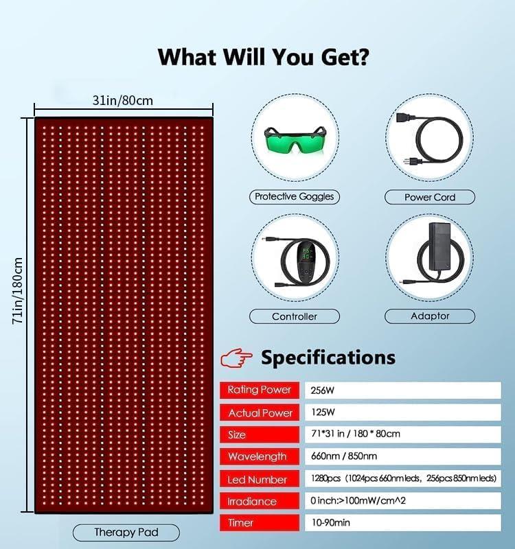 MCJ Red Light Therapy Large Mat Therapy Blanket 1280pcs LED Beads 660nm 850nm 71x31 Inch Red Infrared Therapy for Full Body Parts Relief at Once