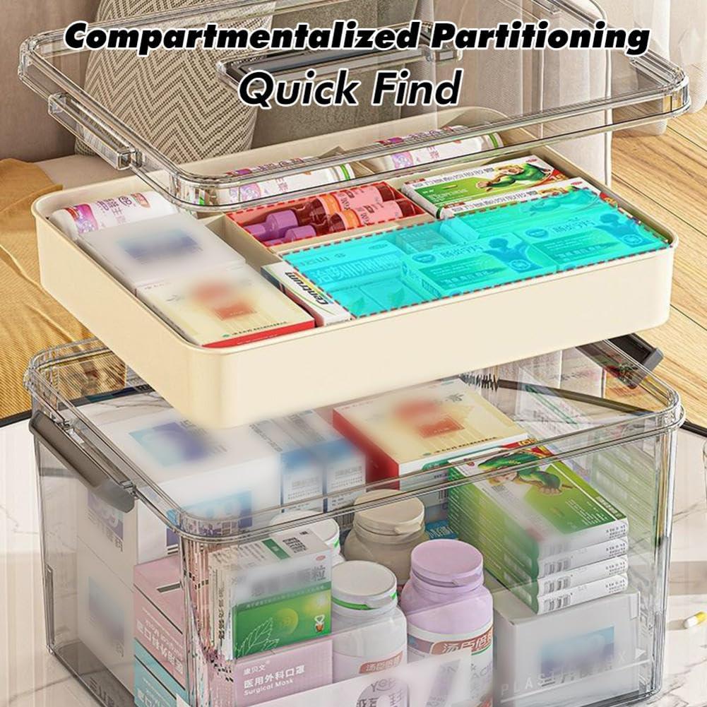 MYBAQ MYBAQ,Medicine Storage Box,Pill Bottle Organizer,Medication Organizer Storage,Medicine Organizer,Transparent Multi-Compartment Organizer with Handle,Medicine Storage for Home (15\"L11.6\"W9\"H) Khaki