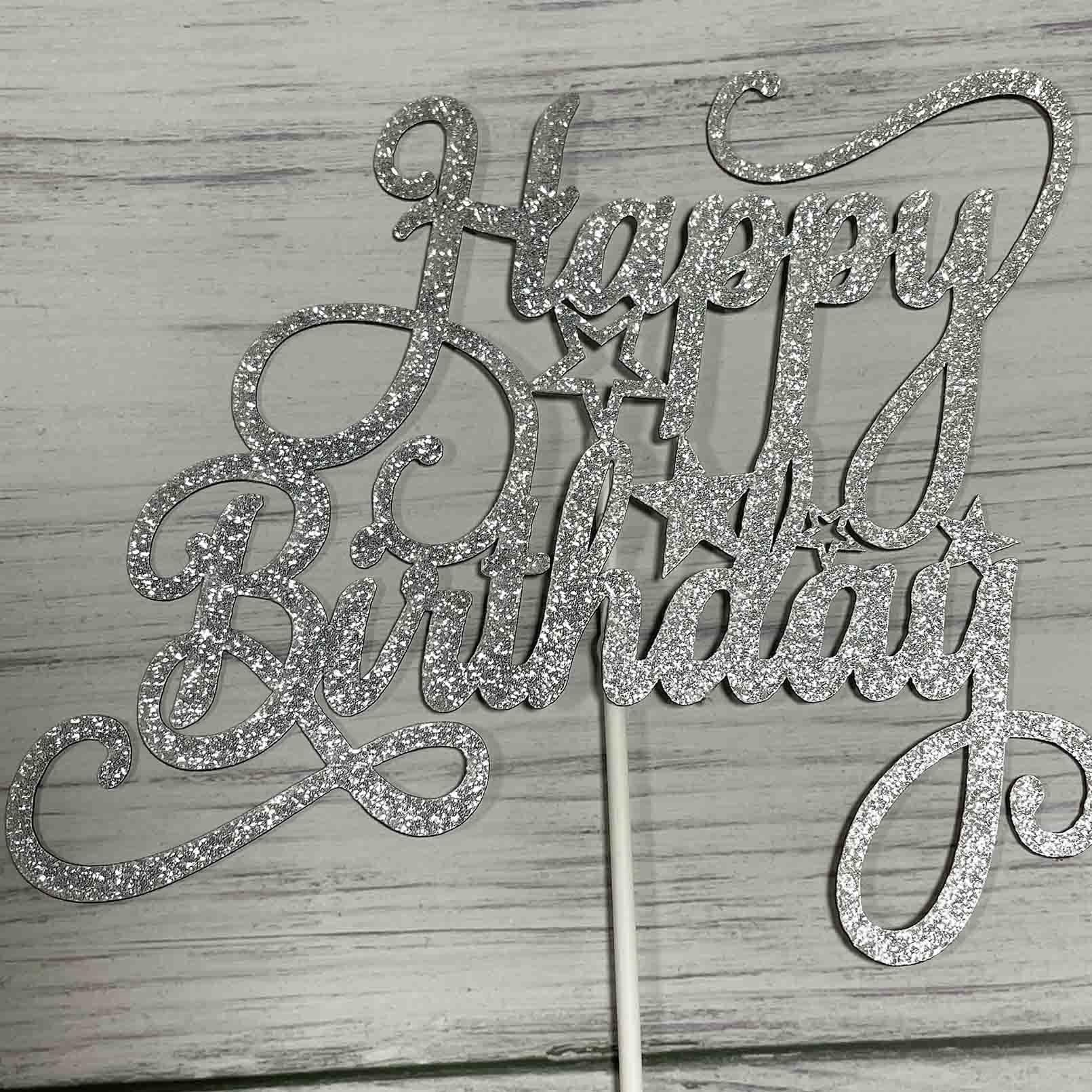 JIEEIN Happy Birthday Cake Topper for Birthday Party Decorations,(Double Sided Silver Glitter)