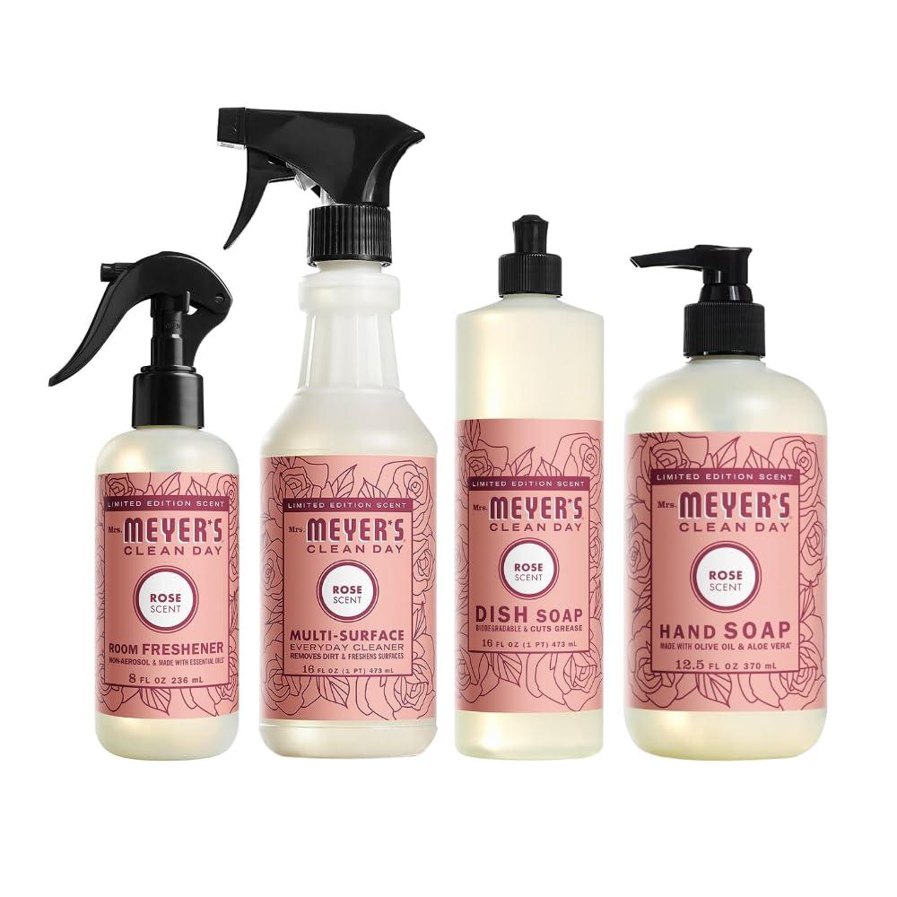 MRS. MEYER\'S CLEAN DAY Variety, 1 Mrs. Meyer\'s Room Freshener, 8 OZ, 1 Mrs. Meyer\'s Liquid Dish Soap, 16 OZ, 1 Liquid Hand Soap,12.5 OZ, 1 Multi-Surface Cleaner 16 OZ, 1 CT (Rose)