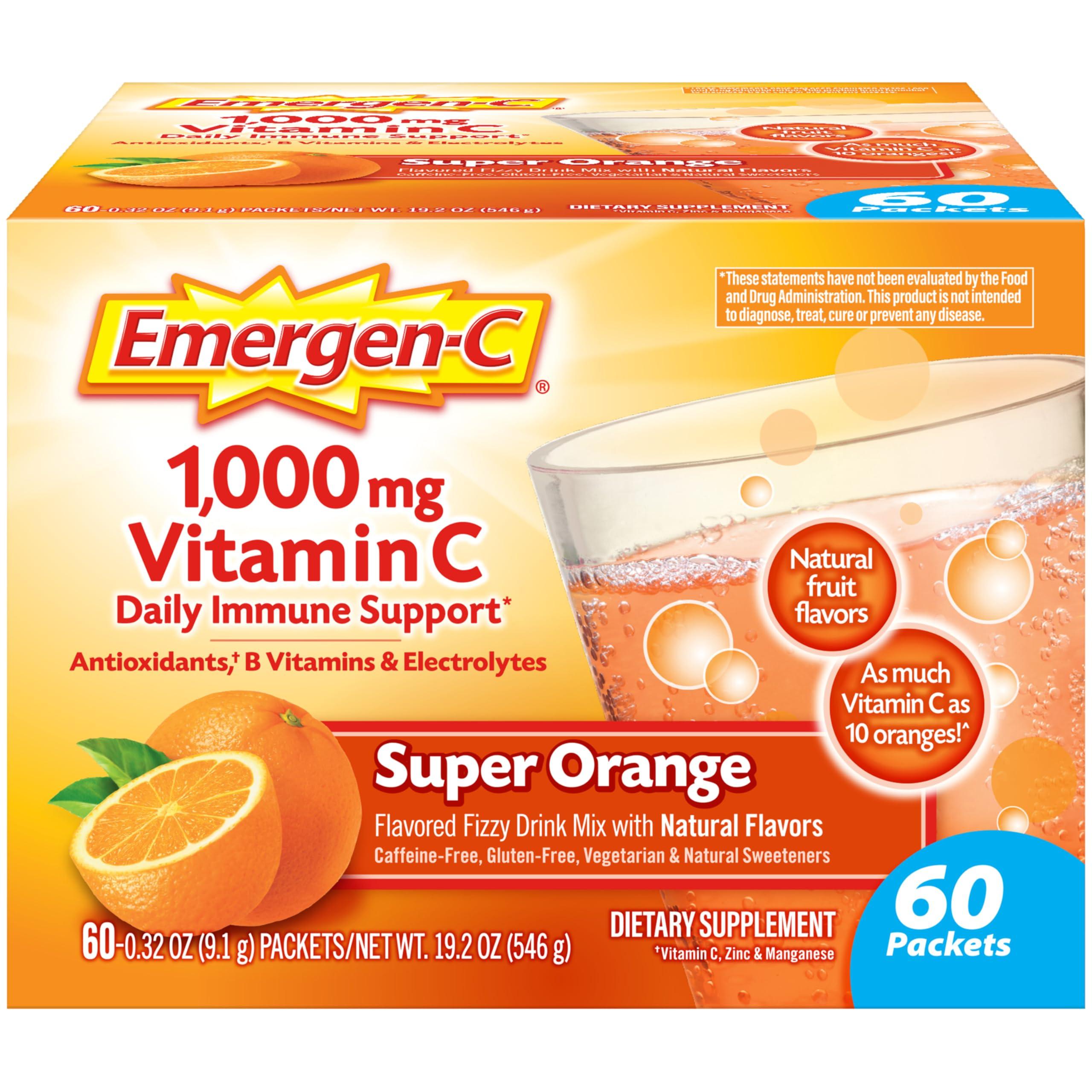 Emergen-C Emergen-C 1000mg Vitamin C Powder for Daily Immune Support Caffeine Free Vitamin C Supplements with Zinc and Manganese, B Vitamins and Electrolytes, Super Orange Flavor -60 Count(Pack of 1)