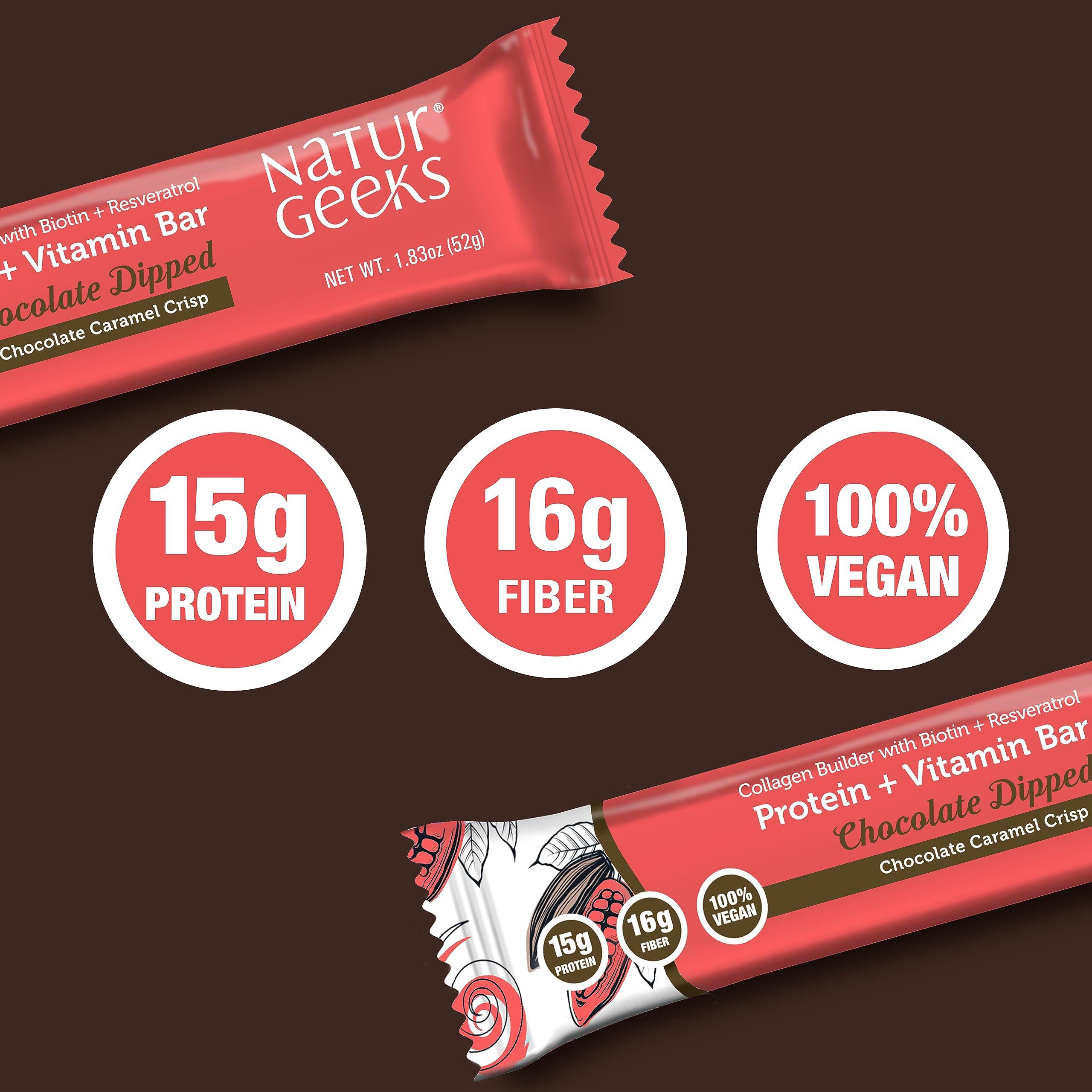 NaturGeeks NaturGeeks Vegan Protein Bars - Gluten-Free, Plant-Based Non-Dairy Healthy Snacks with No Added Sugar, Vitamins, Biotin & 15g High Protein for Meal Replacement Chocolate Caramel Crisp (12 Count)