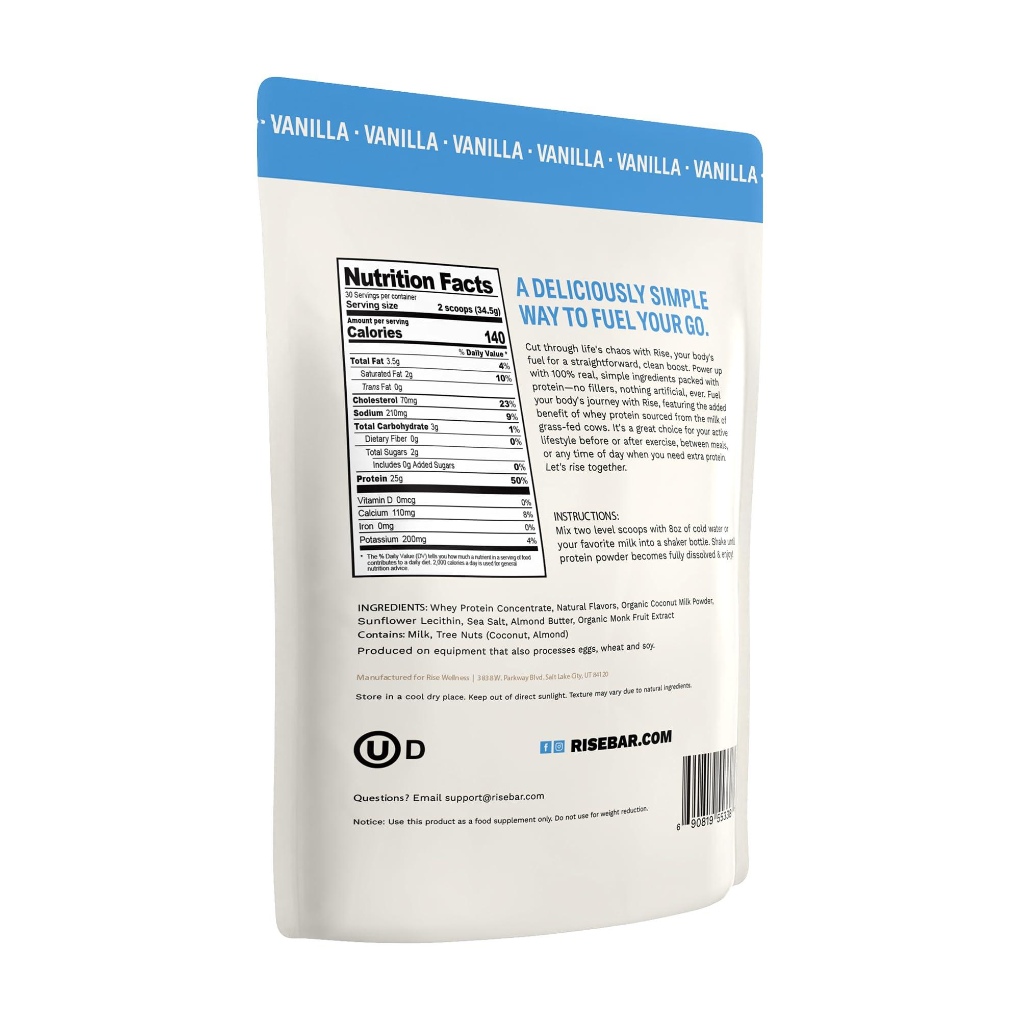 Rise Rise Grass-Fed Whey Protein Powder - Vanilla | 25g Protein No Artificial Flavors, Colors, or Preservatives - Sugar Free, Gluten-Free, Soy Free (2.3 lbs)