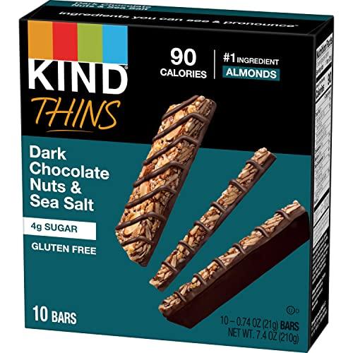 KIND KIND THINS Dark Chocolate Nuts & Sea Salt Bars (Now with Peanuts), Gluten Free, 4g Sugar, 0.74 oz bars, 10 count
