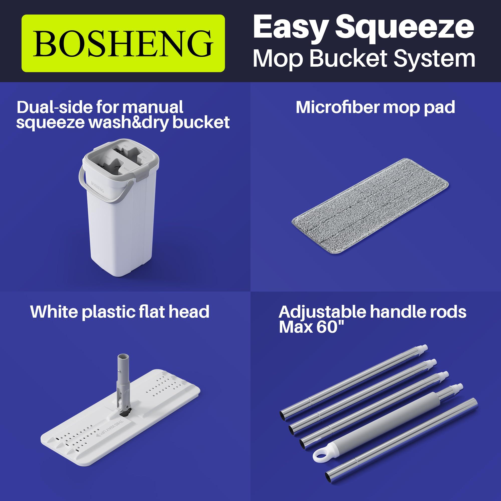 BOSHENG BOSHENG Mop and Bucket with Wringer Set, Easy-to-Use Flat Floor Mop for Efficient Home Cleaning, Includes 2 Reusable Microfiber Pads, Ideal for Floors and Walls