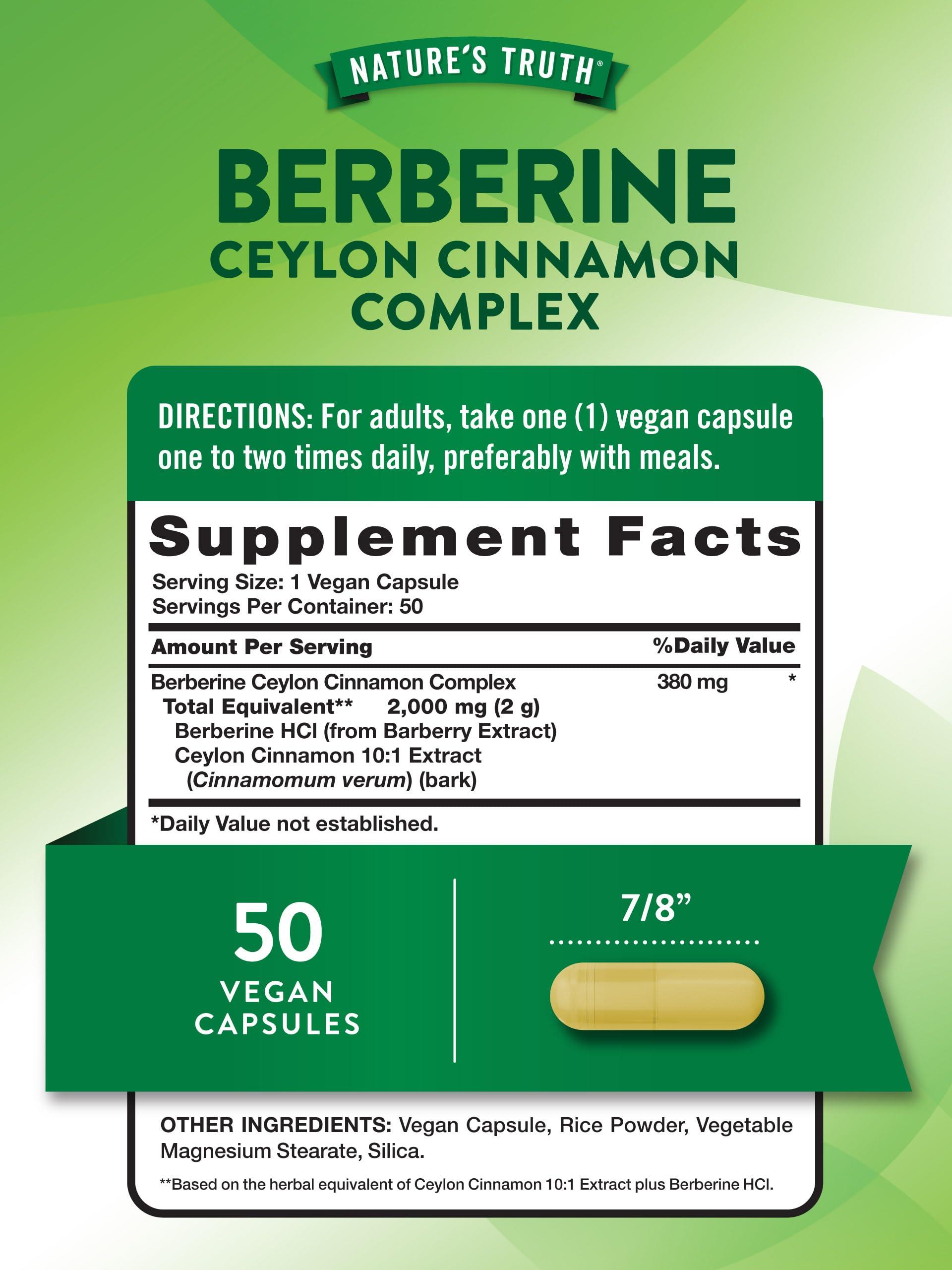 Nature\'s Truth Nature\'s Truth Berberine with Ceylon Cinnamon Complex | 2,000mg | 50 Vegan Capsules | Vegan, Non-GMO, and Gluten Free Supplement