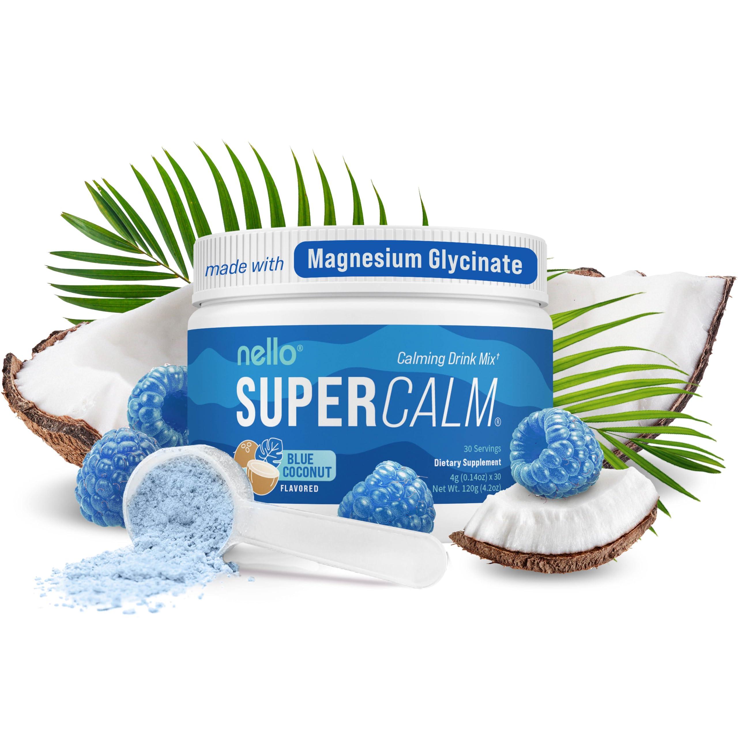 Nello Nello Supercalm Powdered Drink Mix, Blue Coconut, L Theanine, Ksm-66 Ashwagandha, Magnesium Glycinate, Vitamin D 3, Supplements for Relaxation & Focus, No Sugar, Non GMO, Vegan, On The Go, 30 Srvgs