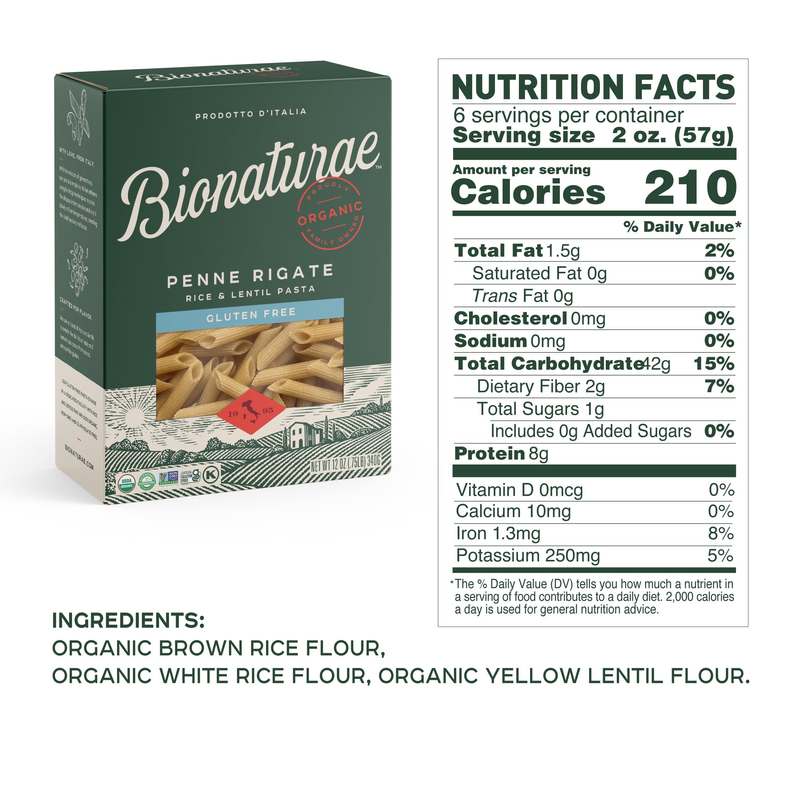 bionaturae Bionaturae Penne Rigate Pasta Noodles - Gluten Free Pasta Organic, Rice & Lentil Pasta, Kosher Certified, High Protein, Non-GMO Verified, USDA Certified, Gluten Free Pastas, Crafted in Italy - 12 Oz