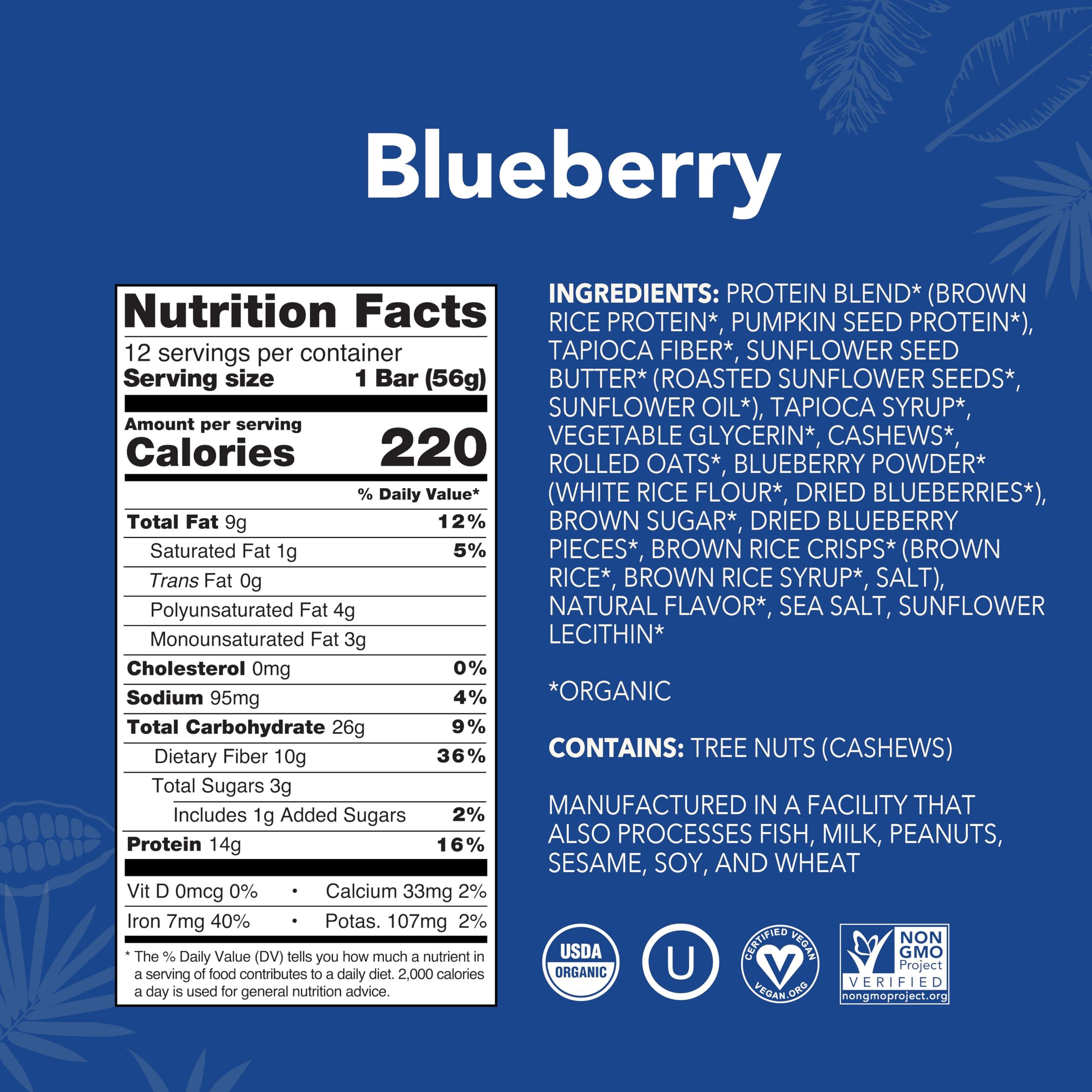ALOHA ALOHA Organic Plant Based Protein Bars - Blueberry Bars, Vegan, Low Sugar, Gluten-Free, Low Carb, Non-GMO, No Stevia, No Erythritol - 12 Count (Pack of 1)