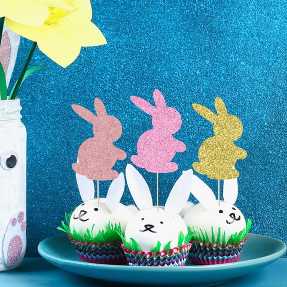 Sodasos Sodasos 25 Pack Easter Rabbit Cake Topper, Colour Happy Easter Bunny Happy Easter Cupcake Picks for Easter Spring Birthday Party Baby Shower Cake Decorations
