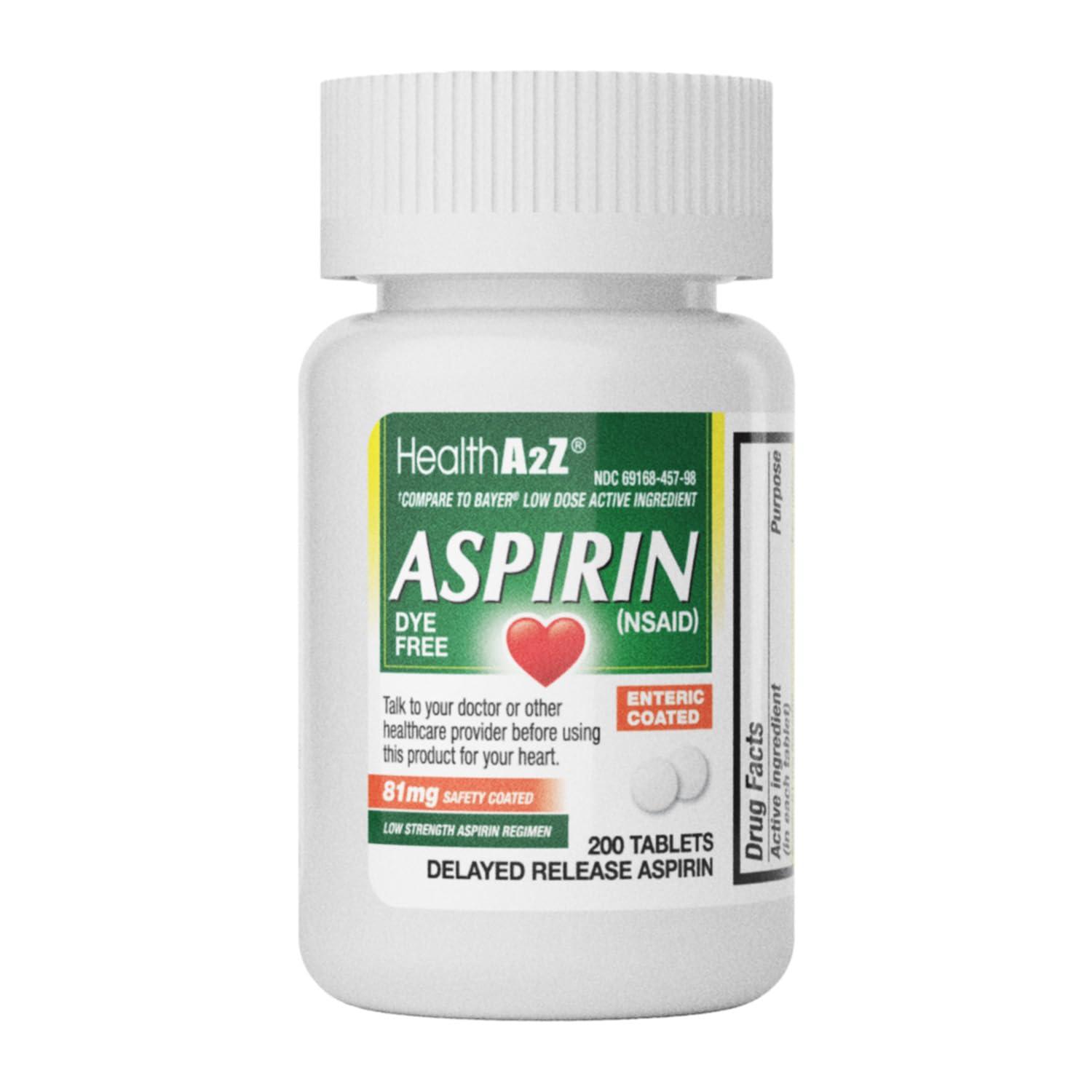 HealthA2Z HealthA2Z Aspirin 81 mg | DYE Free | Low Strength | 200 Counts | Pain Relief | Reduces Minor Aches Muscle Pain & Cramps | Fever Reducer | Reduces Headache | (NSAID)