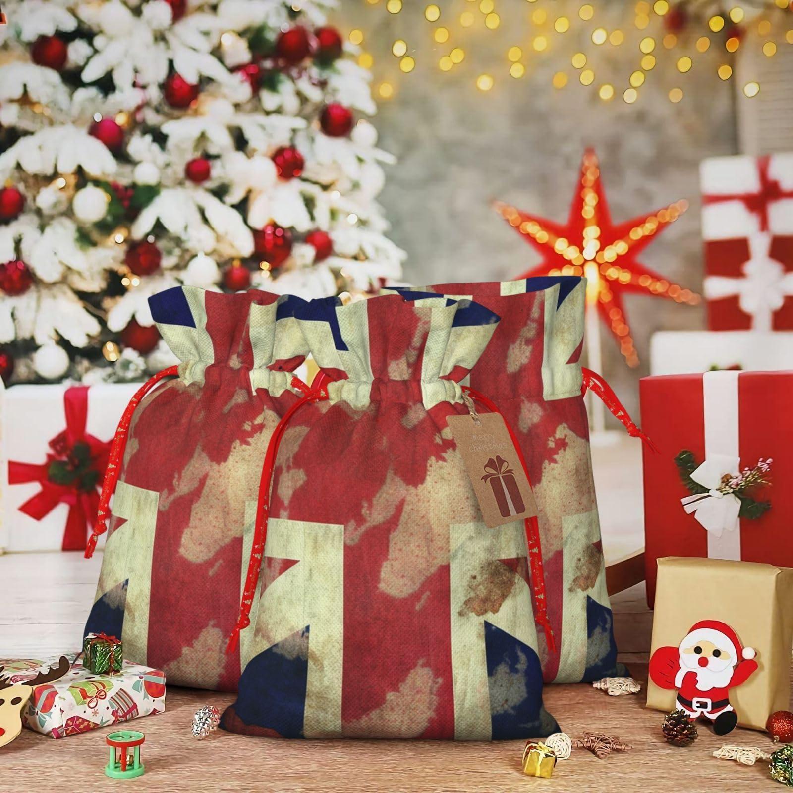 LZQPOEAS LZQPOEAS Vintage Union Jack British Flag Christmas Gift Bags with Drawstring Christmas Bags Gift Wrapping Bags for Xmas Holiday Party Candy Bag for Christmas Favor Bags for Xmas Presents