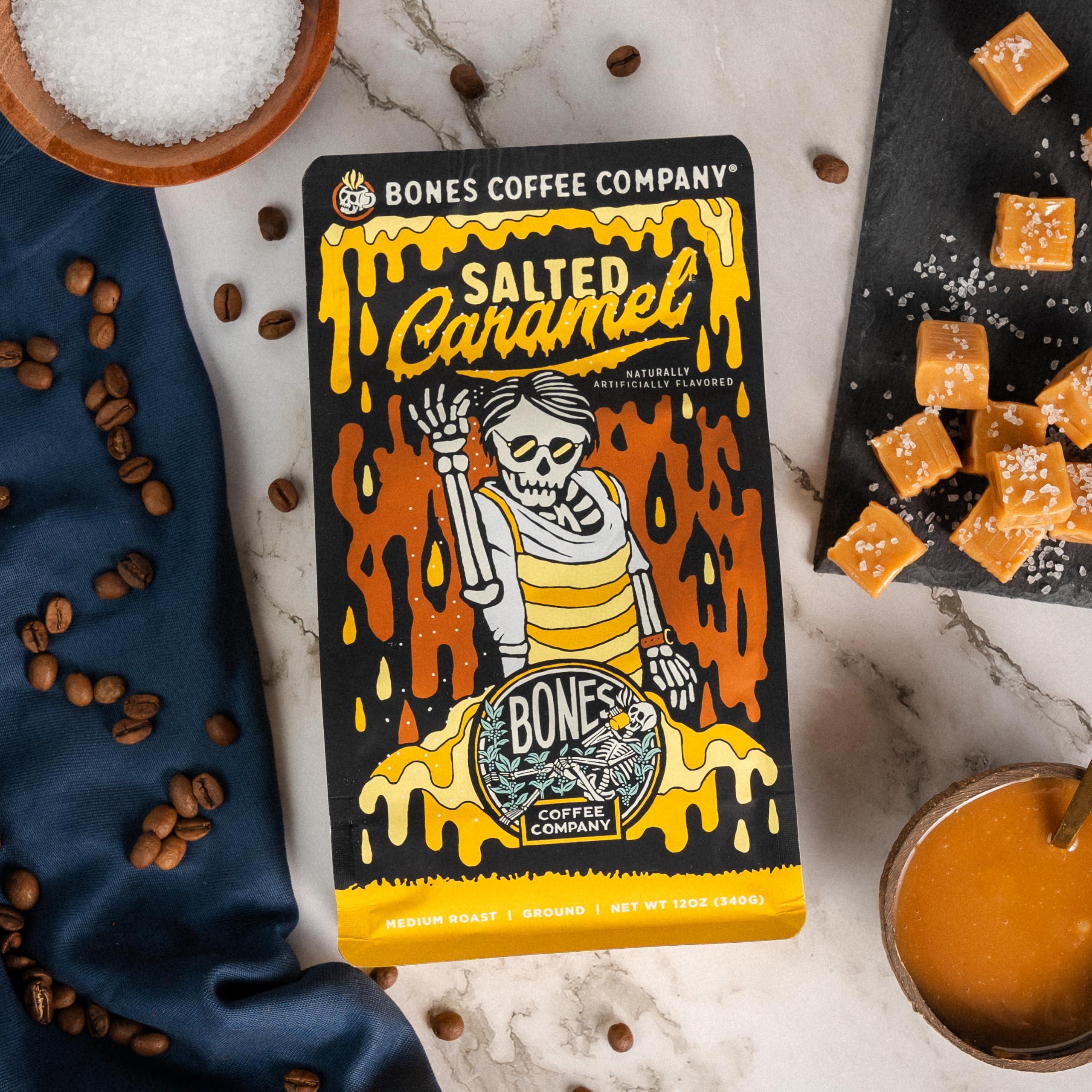 Bones Coffee Company Bones Coffee Company Salted Caramel Flavored Coffee Beans, Whole Bean Coffee Medium Roast Low Acid, Salted Caramel Flavor (12 oz)