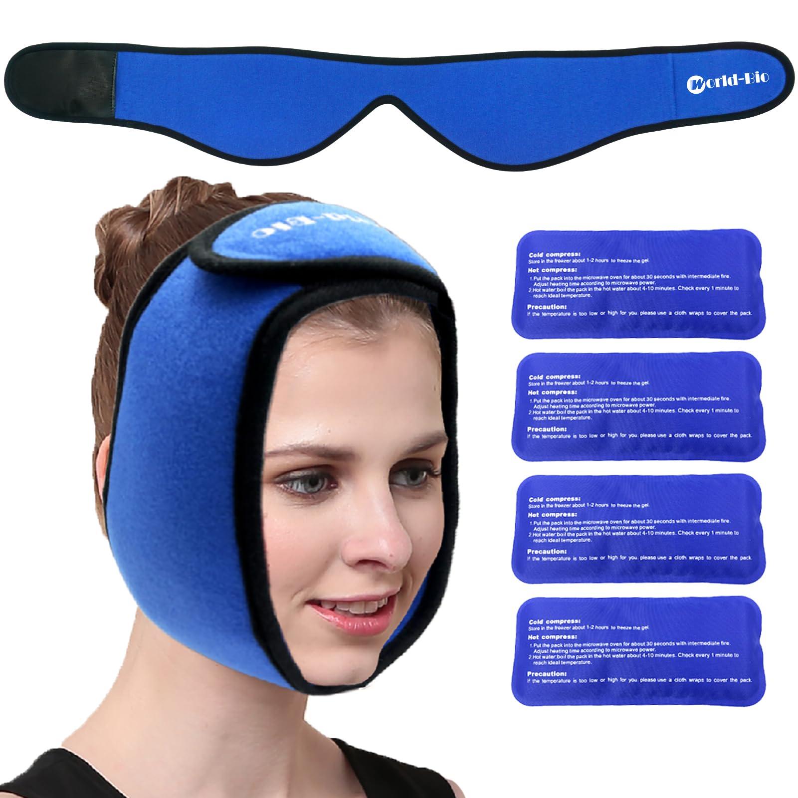 WORLD-BIO Face Ice Pack Wrap for TMJ, Wisdom Teeth, WORLD-BIO Jaw Wrap with 4 Reusable Hot Cold Therapy Gel Packs for Head, Chin, Oral and Facial Surgery, Pain Relief for Swelling, Injuries, Dental Implants