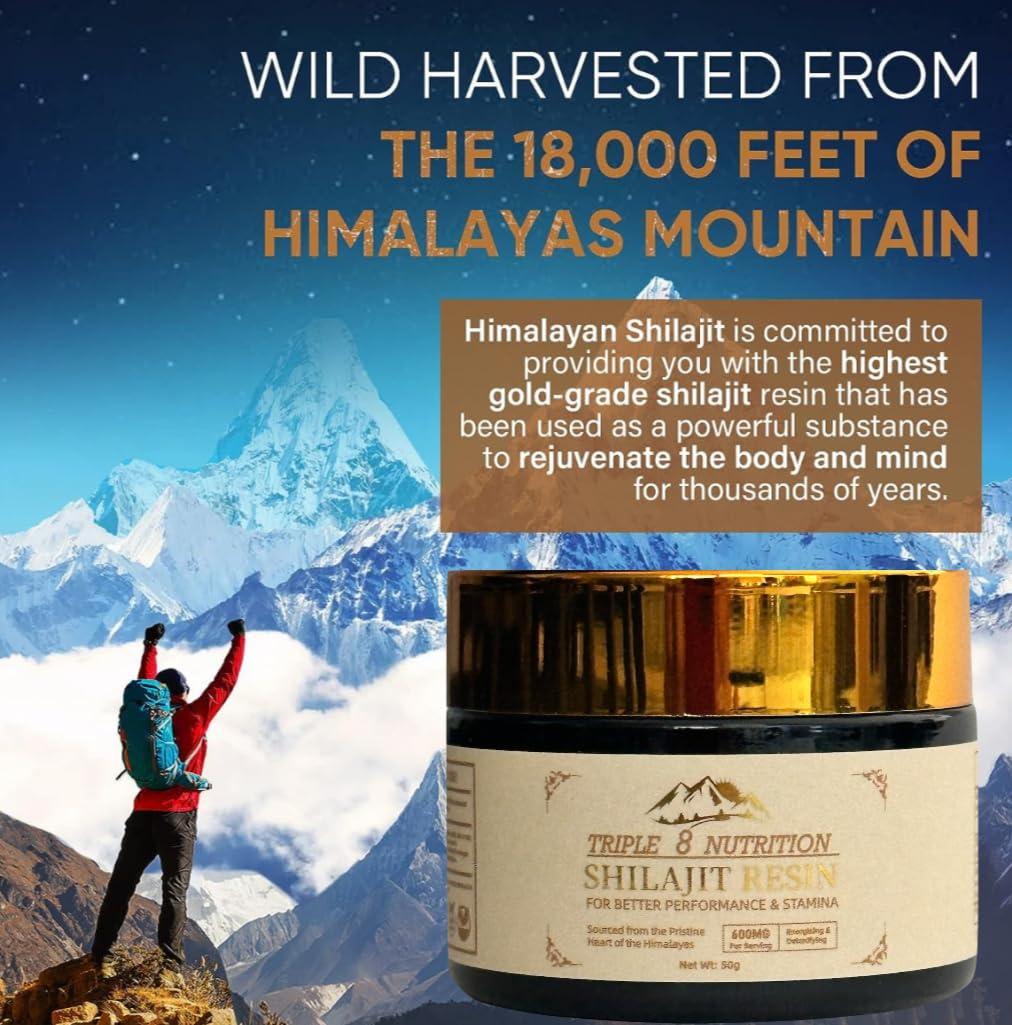 Triple 8 Nutrition Shilajit Resin 50g Bottle Absolutely Pure Wild Himalayan Authentic Natural Organic Fulvic Acid and 85+ Trace Minerals Most Potent for Men and Women Third Party Lab Tested ISO: 17025 Accredited USA