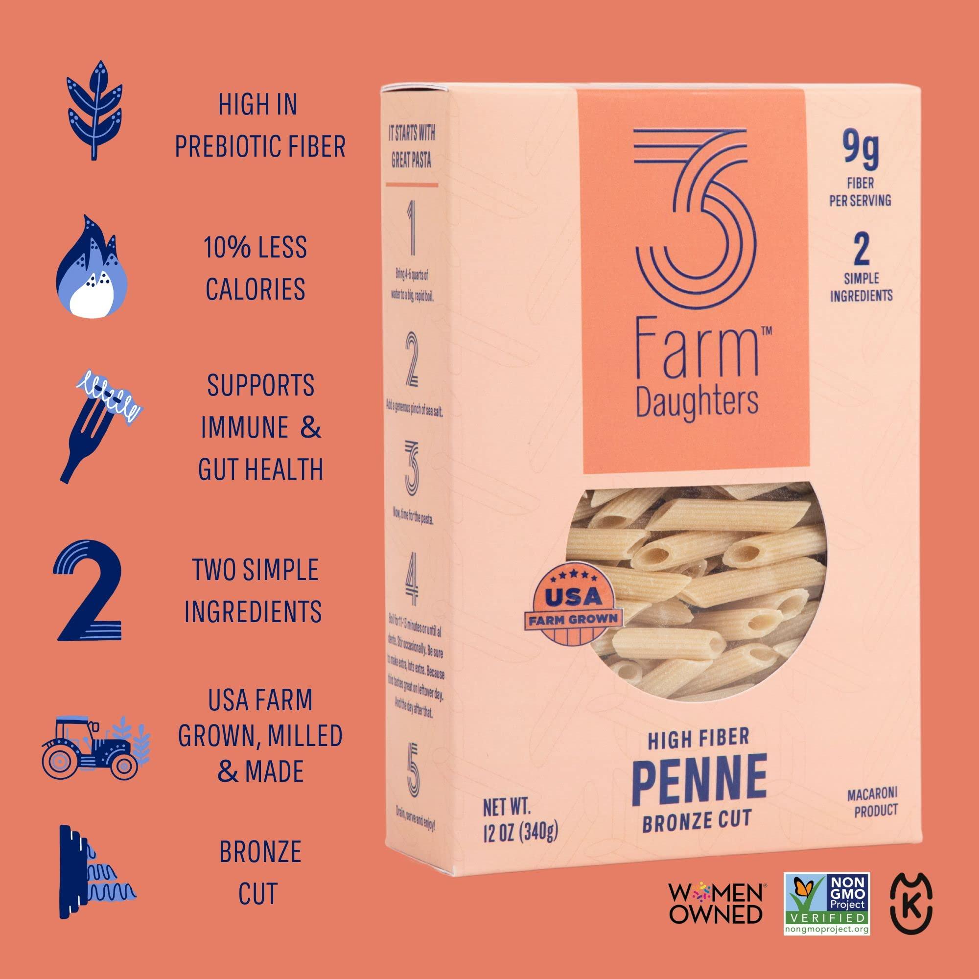 Three Farm Daughters 3 Farm Daughters High Fiber Pasta Variety Pack, Includes Penne, Elbow, Rotini & Cavatappi, Low GI, Non GMO, Low Net Carb, Made in the USA, 12 oz. (4 Pack)