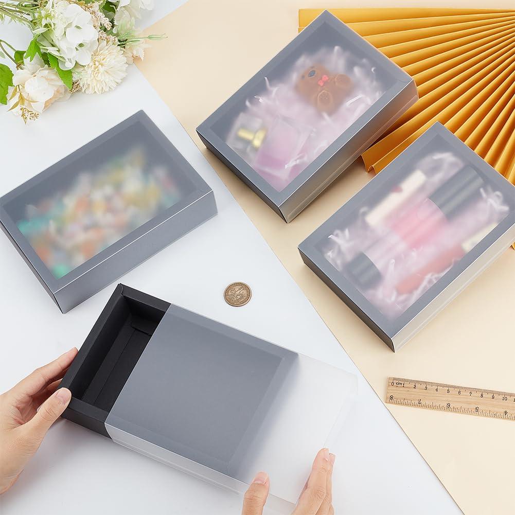 BENECREAT BENECREAT 12 PCS Black Kraft Gift Drawer Box, Translucent Plastic Lid Gift Drawer Box with PVC Frosted Window for Jewellery Candy Gift Wrap Party Favours, 7x5x1.8inch