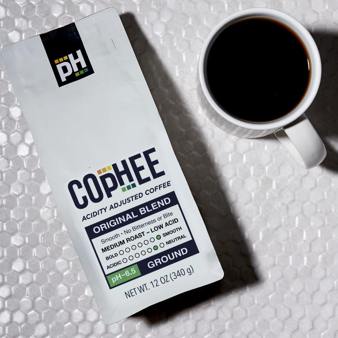 COpHEE Electrolyte Infused Low Acid Coffee by COpHEE - Ground Medium Roast - Smooth Non-GMO Arabica Coffee - Designed for Sensitive Stomachs, Acid Reflux, and Heartburn - Original Blend 12 oz bag