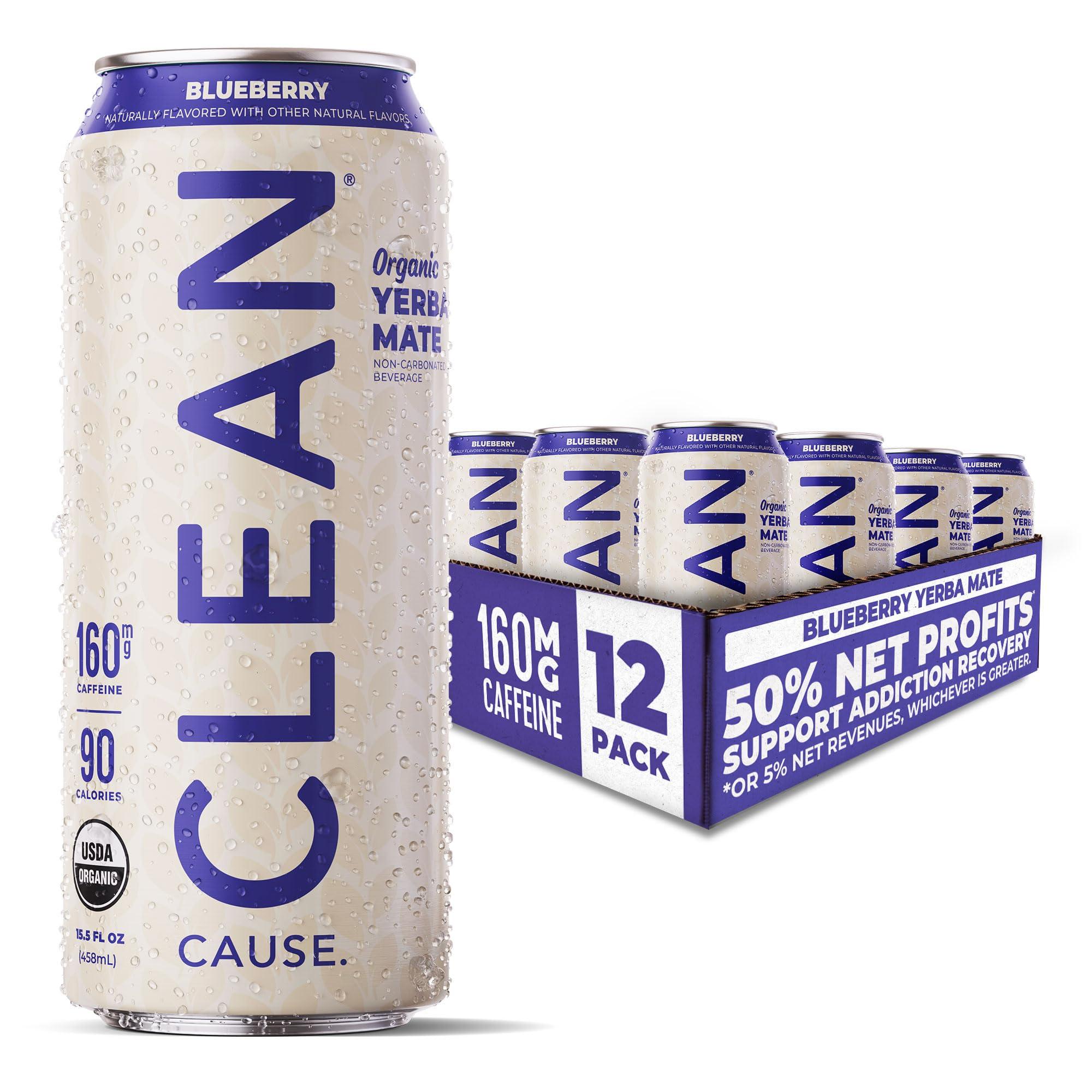 CLEAN CAUSE. NEW! CLEAN Cause Blueberry USDA Organic Yerba Mate Tea (15.5oz cans, 12-Pack Case) Non-Carbonated, 160mg Caffeine