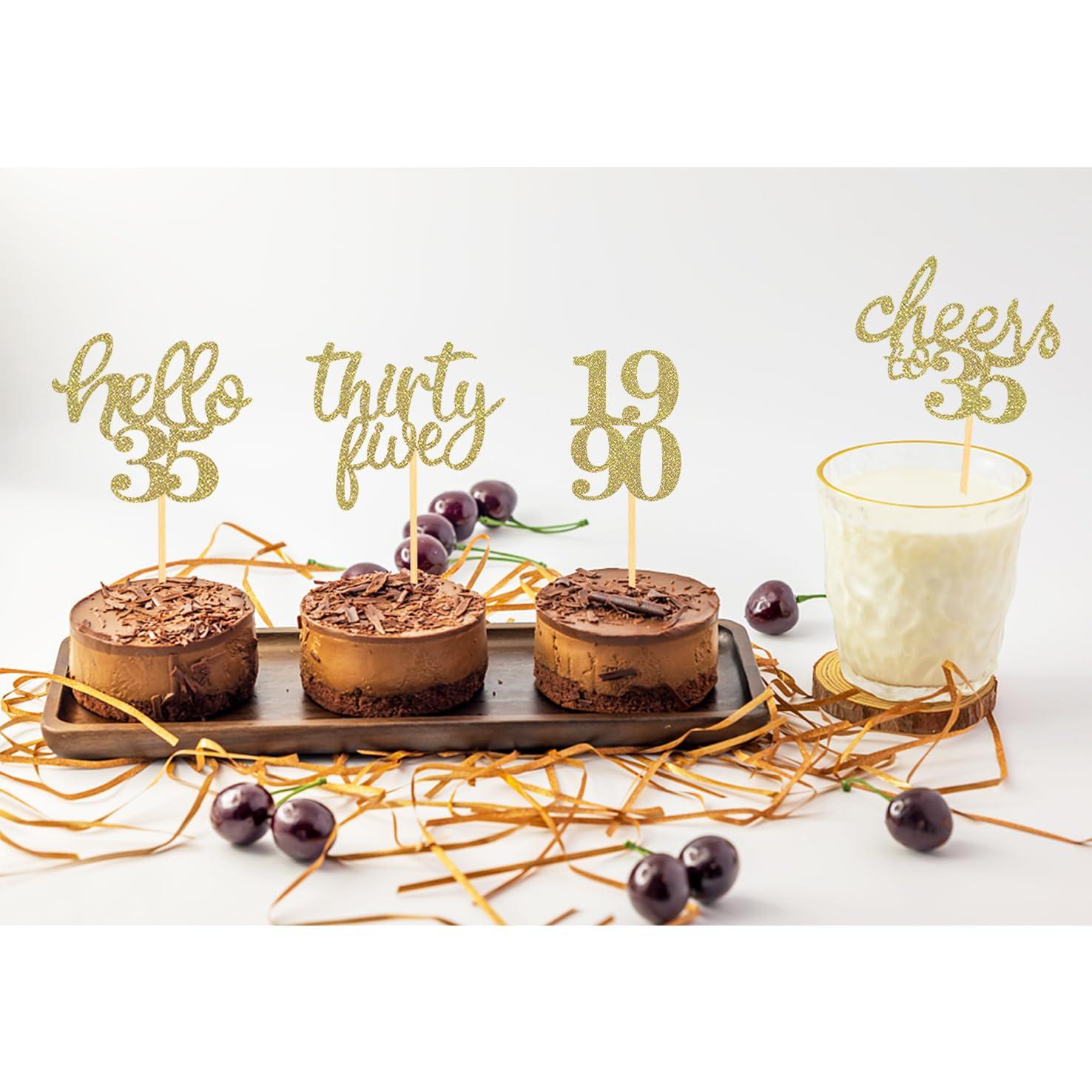 Moitkptt 24Pcs Glitter 35th Birthday Cupcake Toppers, Hello 35th Birthday Cake Topper- 35th Birthday Decorations for Celebrating Thirty-Five Years Old Birthday Party (Gold)