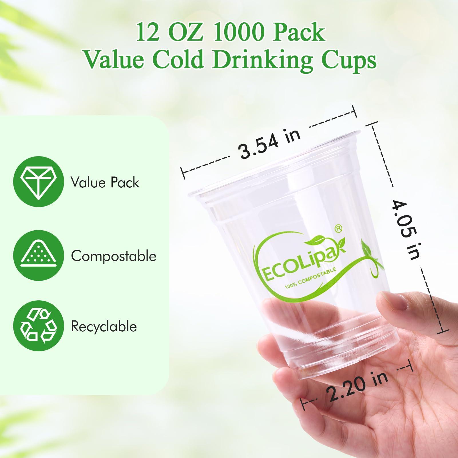 ECOLipak ECOLipak 1000 Count 12 OZ Clear Compostable Plastic Cups, Disposable Plant-Based Biodegradable Drinking Party Cups, PLA Plastic Cold Tumblers for Restaurant, Office, Canteen, Large Gathering