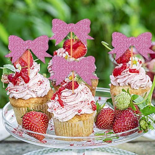 Blopee Blopee Cupcake Toppers, Pink Cupcake Toppers for Birthday Party, Princess Cupcake Toppers for Girls Birthday, 12 pcs Bowknot Cupcake Decorations for Bridal Baby Shower Birthday Wedding Themed Party