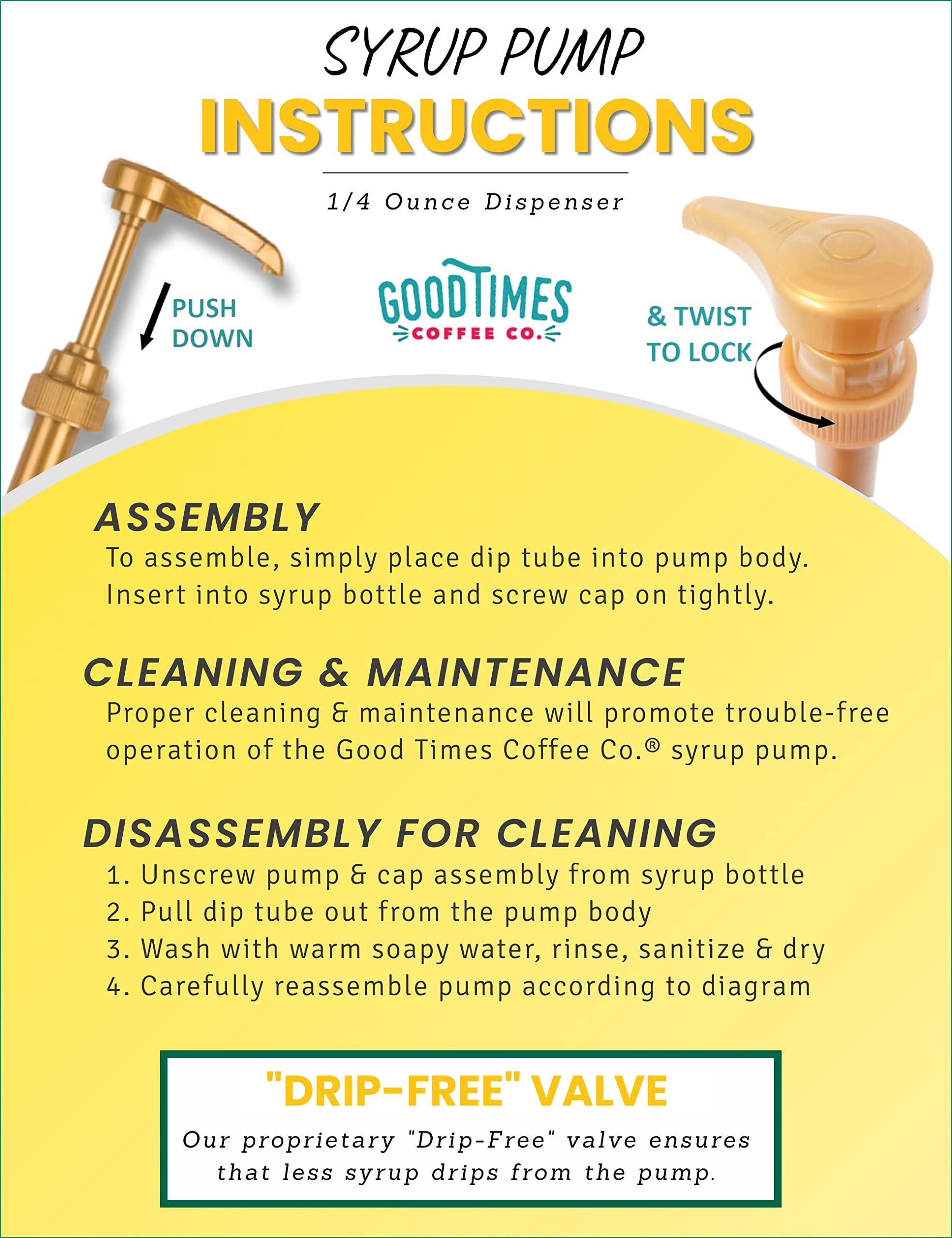 Good Times Coffee Co. Gold Coffee Syrup Pump for 750 ml Bottles (Pack of 4) Fits Upouria, Torani, Davinci, Jordans Skinny Syrups, and (Monin 1 Liter Plastic Bottles Only)