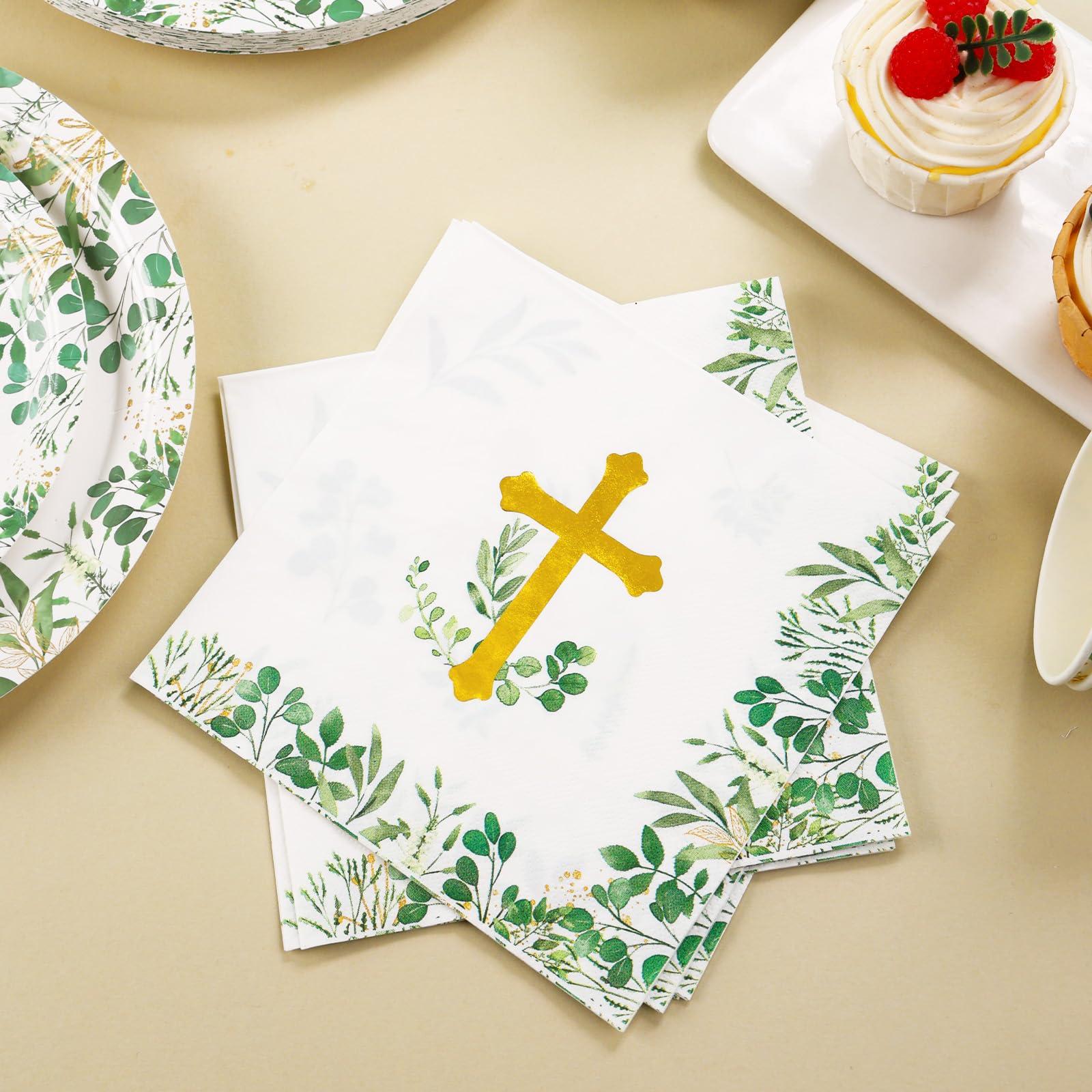 joy akkess 175 PCS Baptism Plates and Napkins Party Supplies - Baptism Decorations for Boys - God Bless Disposable Paper Plates First Communion Plates for Christening Baby Shower Party Decorations