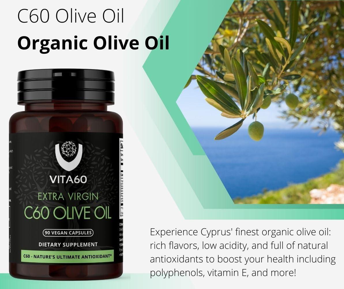 VITA60 VITA60 C60 Oil Capsules | Age-Defying Vitality and Antioxidant Support | 99.99% Pure Solvent Free C60 | Organic Oil | Vegan Friendly | Superior Customer Service (Olive Oil)