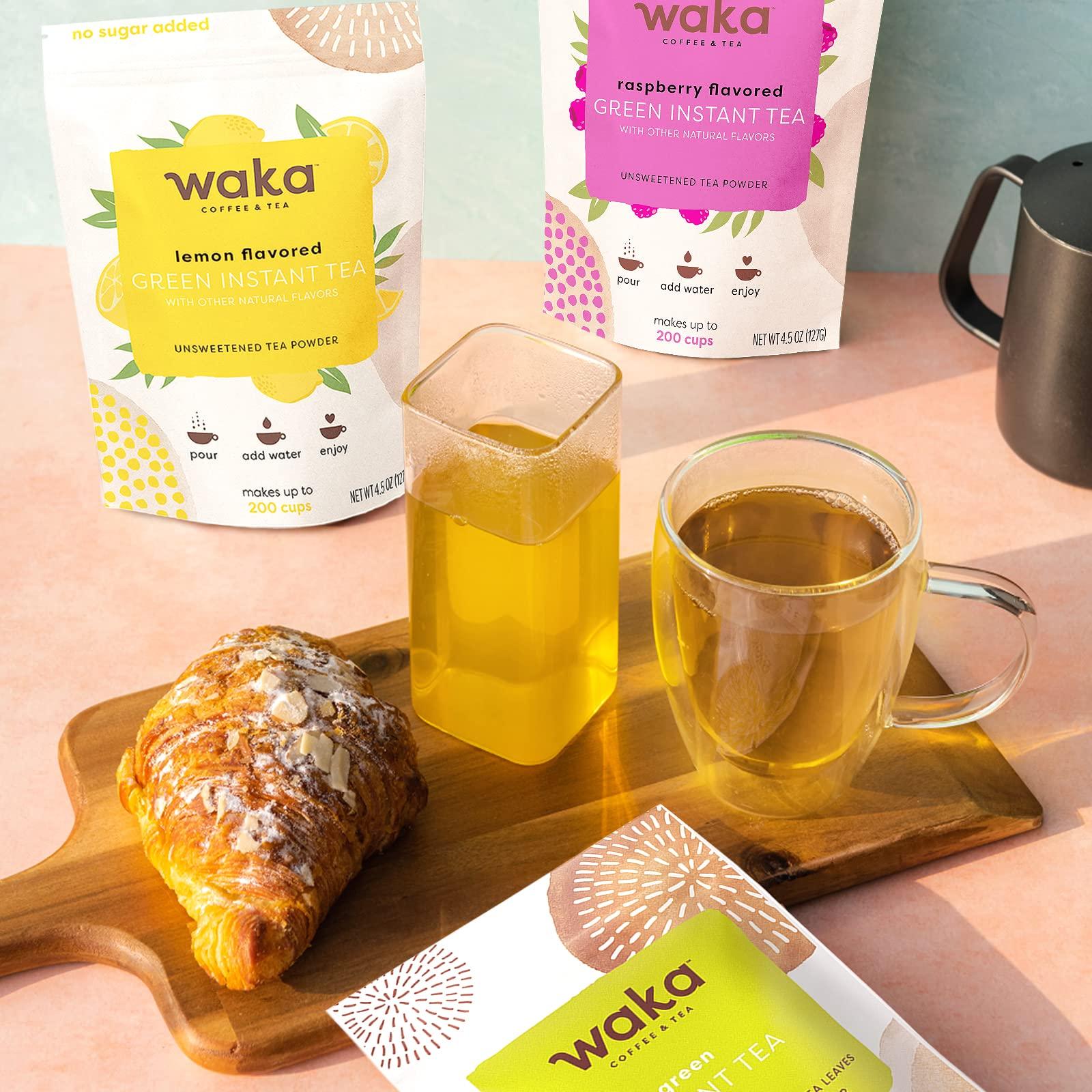 Waka Coffee Waka Instant Tea Mix, 3 Bag Bundle - 100% Tea Leaves, No Additives, Unsweetened Tea Powders - Classic, Raspberry Flavored, Lemon Flavored Green (4.5oz Each)