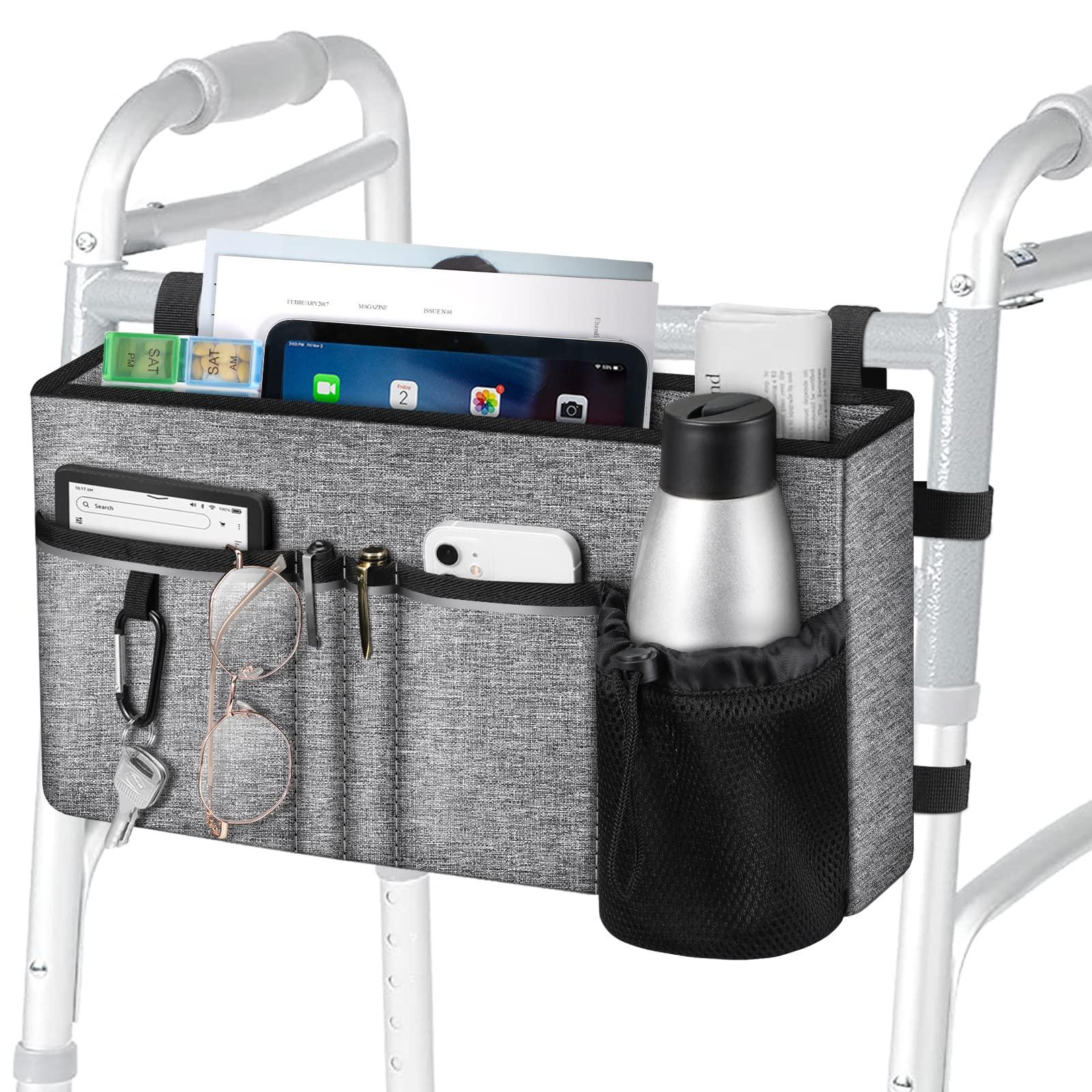 FINPAC FINPAC Large Walker Tote Bag with Cup Holder, Folding Walker Attachment Hands-Free Storage Basket Mobility Aid Accessory Pouch for Elderly, Senior, Gray