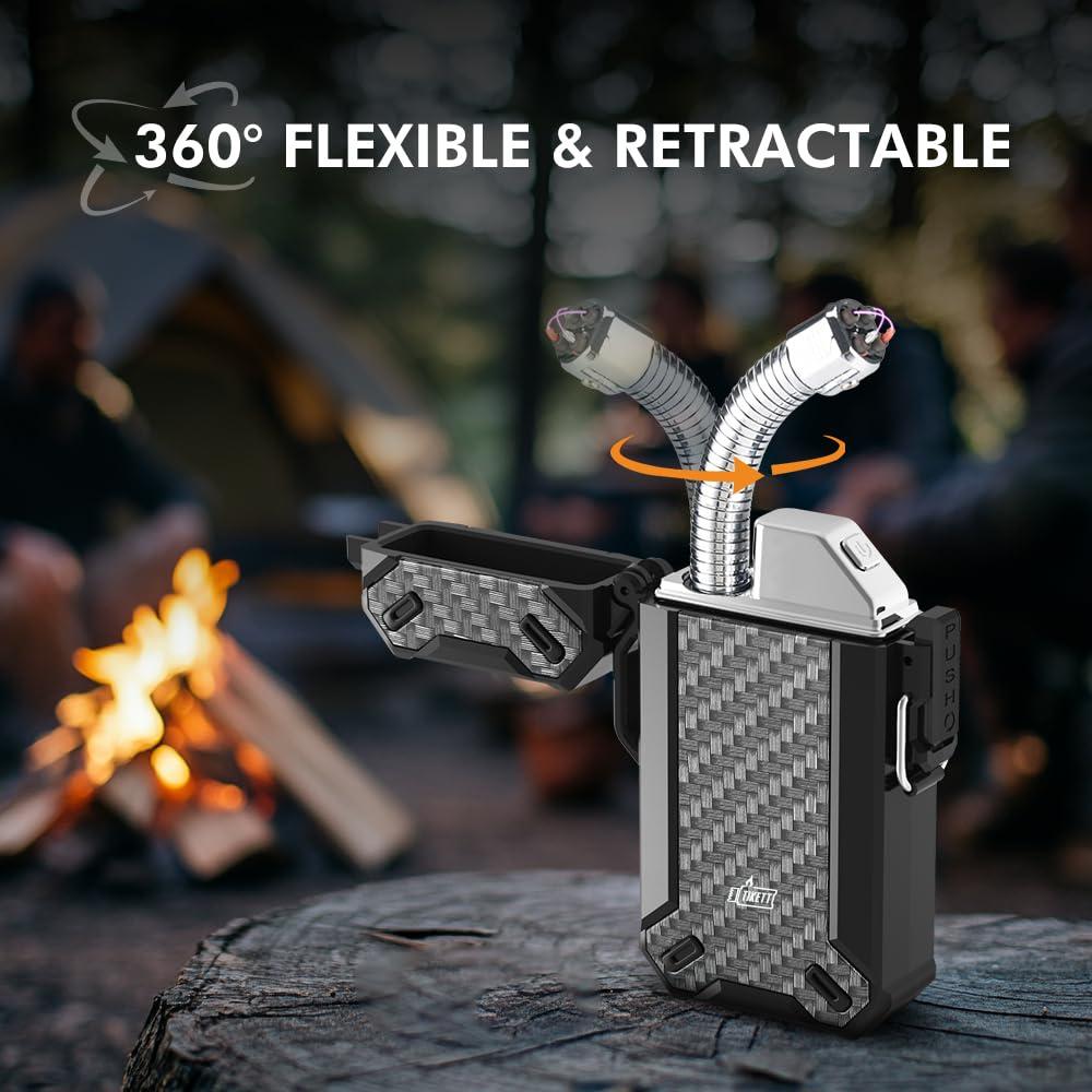 TIKETT Dual Arc Waterproof Windproof Camp Lighter with Retractable Flexible Long Neck,USB Rechargeable Lighter for CandleGrill,and Outdoor