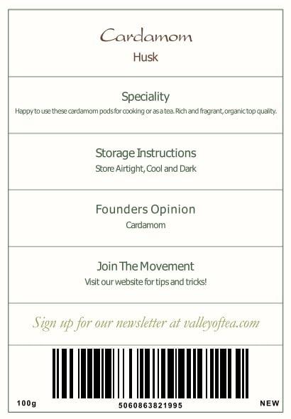 Valley of Tea Cardamom Pods Organic Gourmet Spice - Intensely Aromatic - Cardamum - L. Elettaria cardamomum Cardamon - Cardoman Pods Cardimon Pods Cardemon Cardomam Cardamonin 100g