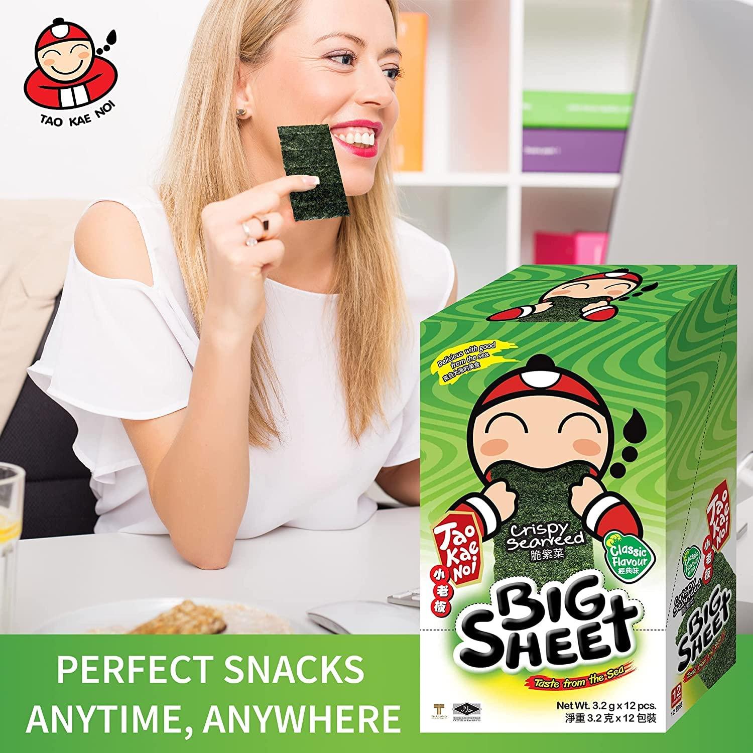 Tao Kae Noi Big Crispy Seaweed Snack Sheets by Tao Kae Noi | Classic Thai Seaweed Chip | Healthy Nori Snacks for Kids and Adults | Low Calorie Seaweed Sheets | 12 Individually Wrapped Sheets per Box, 3.2g each