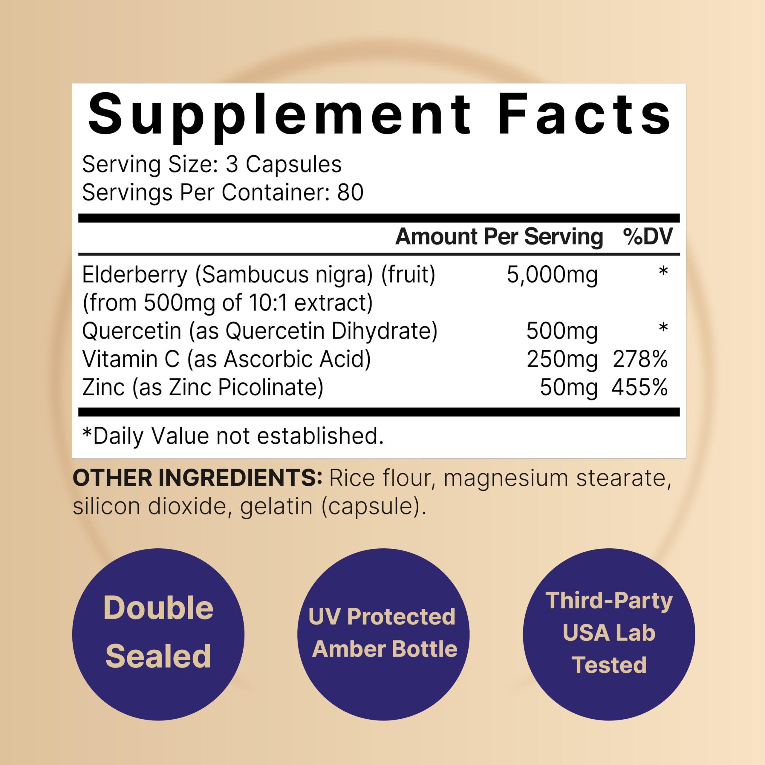 NatureBell NatureBell Sambucus Elderberry Capsules, 5000mg Per Serving with Quercetin 500mg, Vitamin C and Zinc, 240 Count | European Black Elderberry Fruit Extract 4 in 1 Immune Support Supplements