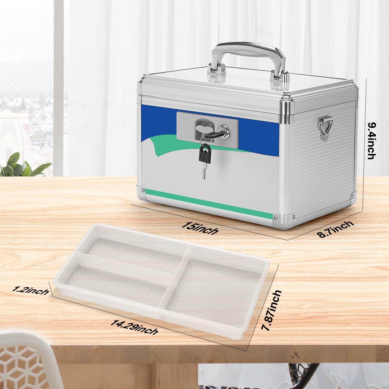 GODLONSEN GODLONSEN Medicine Lock Box for Safe Medication - 15 x 8.7 x 9.4 Inches - Lockable Storage Box for Drugs, First Aid Kit Empty, Lock Boxes with Key for Home/Outdoor (Blue/X-Large)