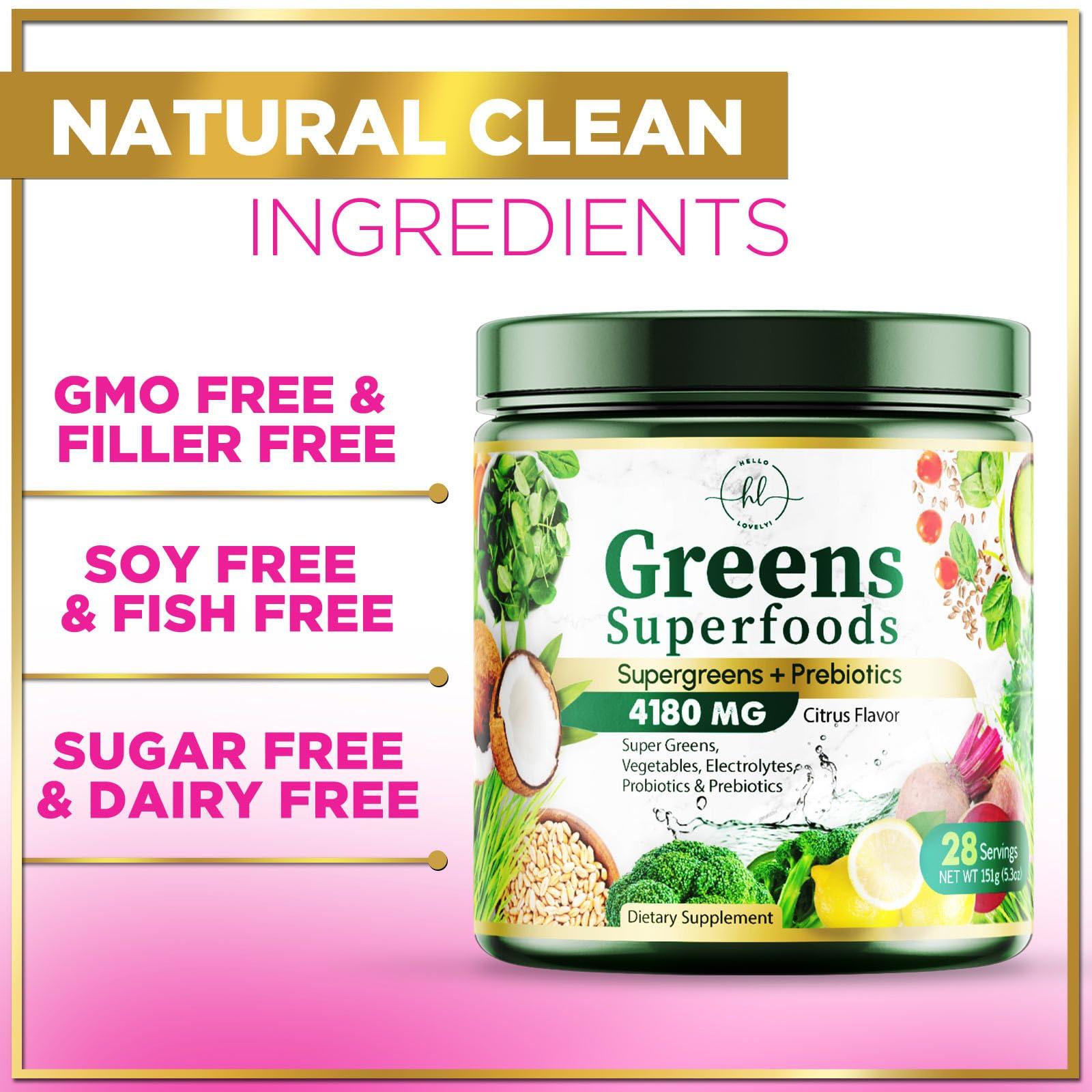 Hello Lovely! Green Powder Superfood, Organic Super Greens Powder Juice & Smoothie Drink Mix, Gut Health & Bloating Support, Probiotics, Spirulina, Chlorella & Beet Root for Digestive & Energy Support - 28 Servings