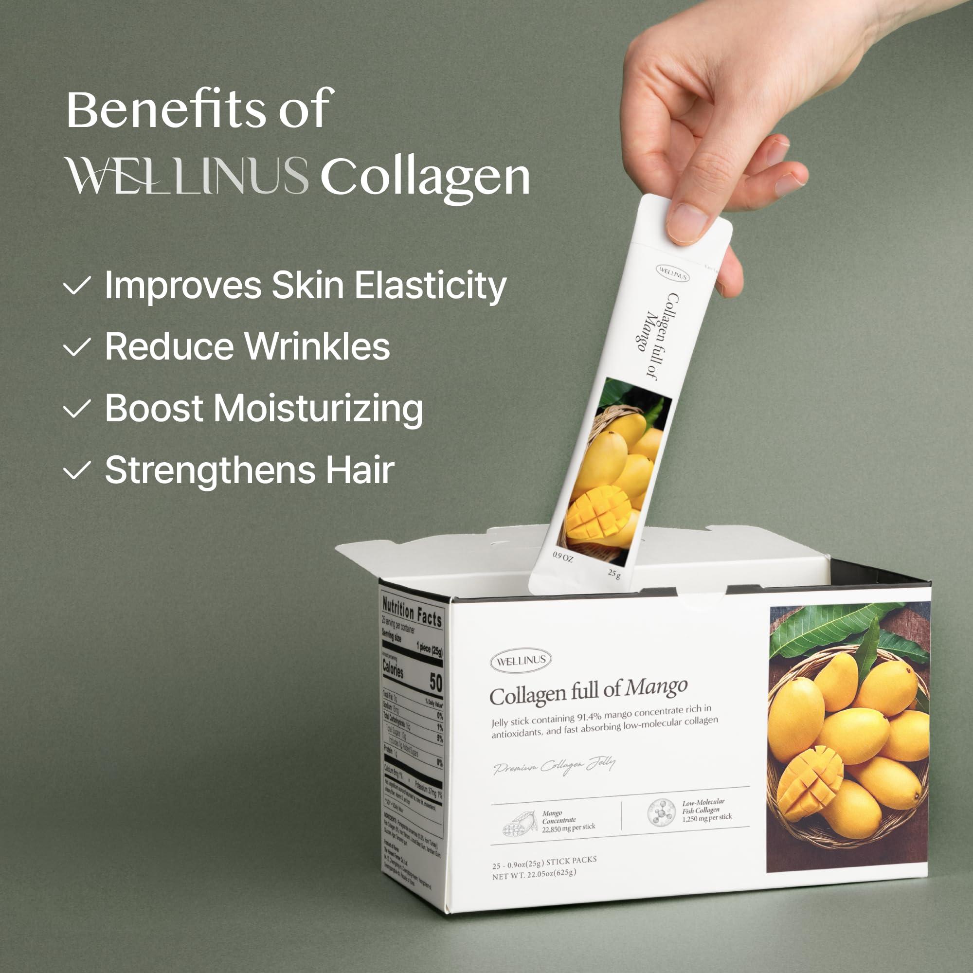WELLINUS WELLINUS Korean Beauty Collagen Full of Mango, Jelly Stick, Marine Collagen, Fast Absorbing, Snack, Ultra-Low Weight Molecular Marine Collagen, HACCP Certified, 22.05 oz/Pack of 25