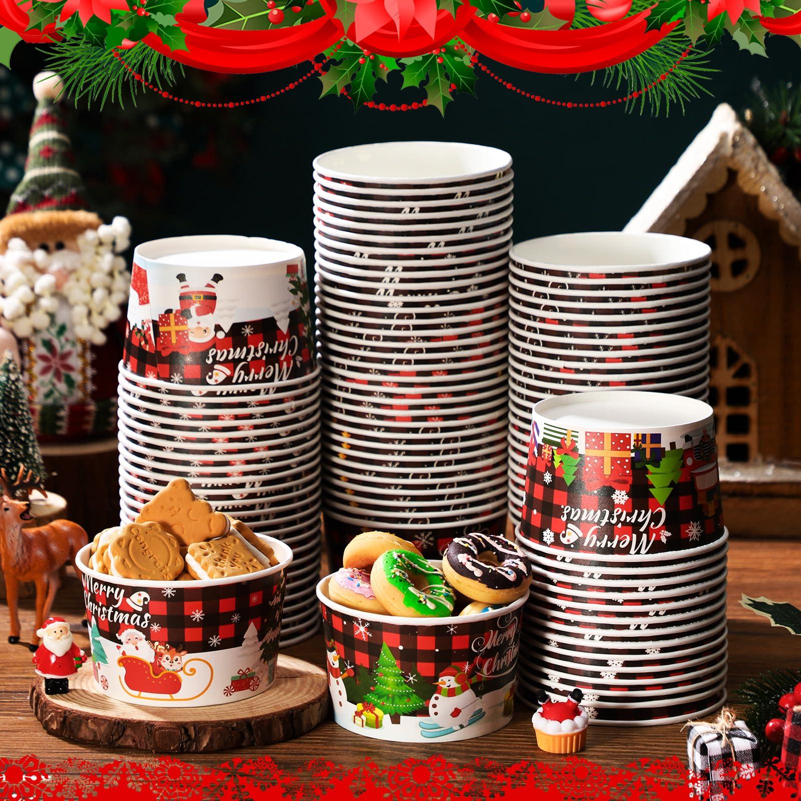 Domensi Domensi 100 Pcs Christmas Treat Snack Cups 12 oz Xmas Themed Paper Treat Food Snack Disposable Paper Bowls Holiday Ice Cream Snack Bowls for Parties Merry Christmas Paper Dessert Cups (Stylish)