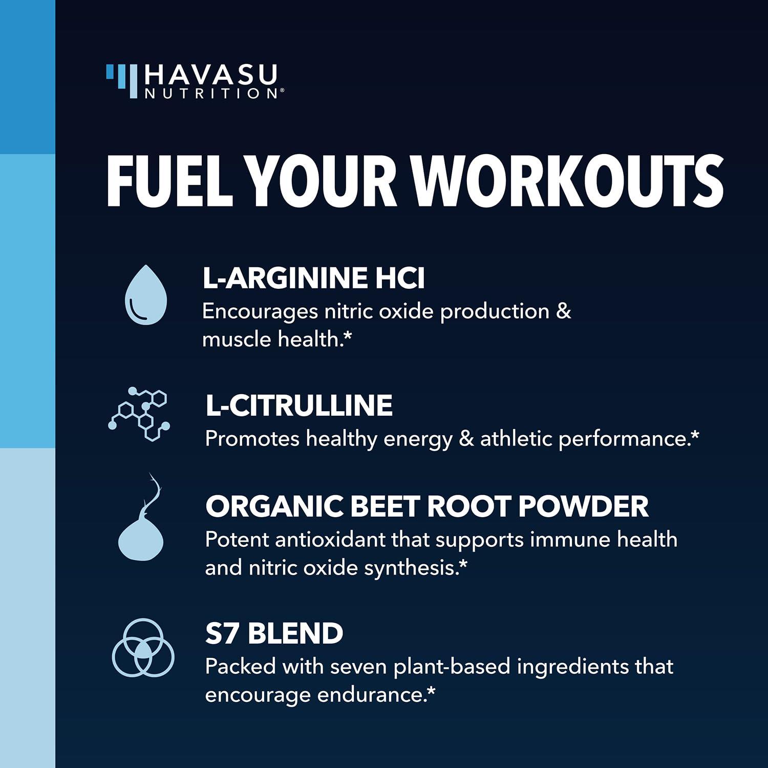 HAVASU NUTRITION L-Arginine Powder - Nitric Oxide Supplement for Men and Women with L-Citrulline and Beet Root - Pre and Post Workout Support for Endurance and Recovery - Unflavored, 1 Month Supply (30 Scoops)