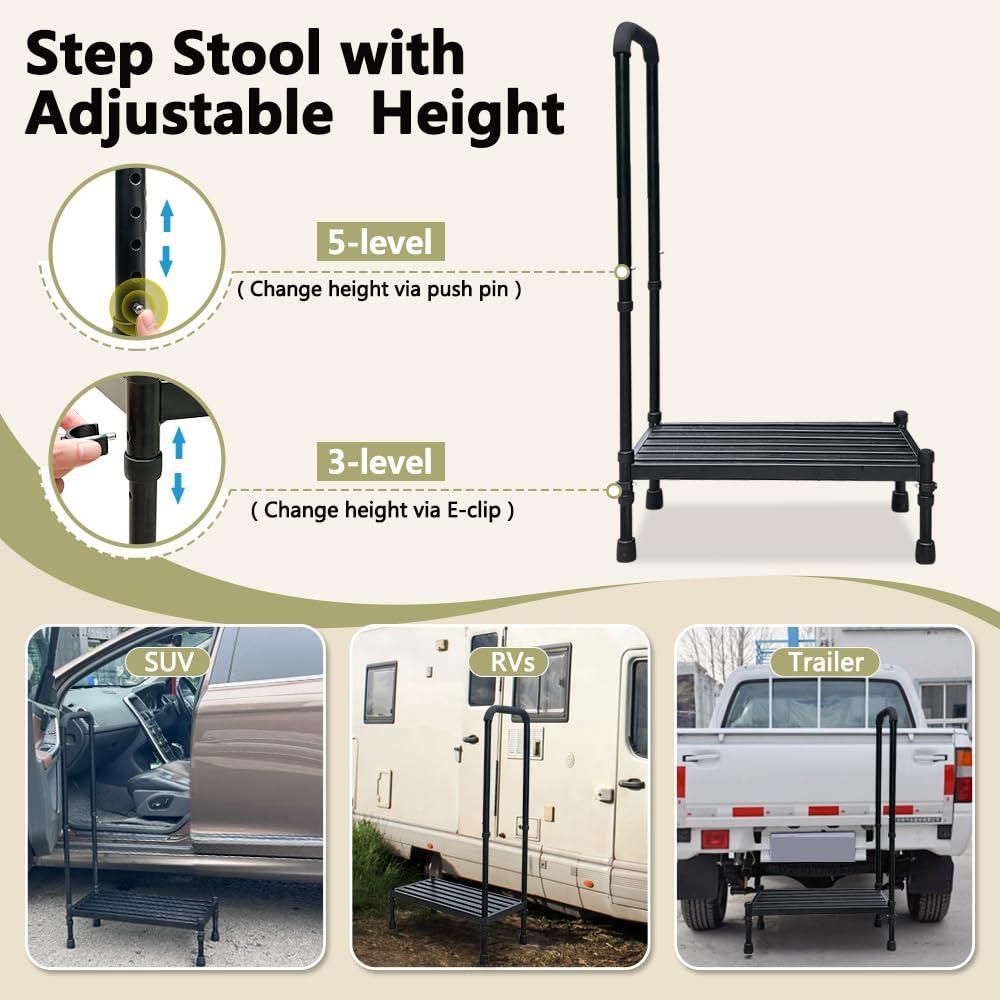 NEAUDE Medical Step Stool with Handle SUV Car Elderly Handicap Steps for RV Mobile Home with Handrail for Adults Seniors Bariatric Metal Stepping Stool Safety Step Assist Adjustable 300lb Foot Stool