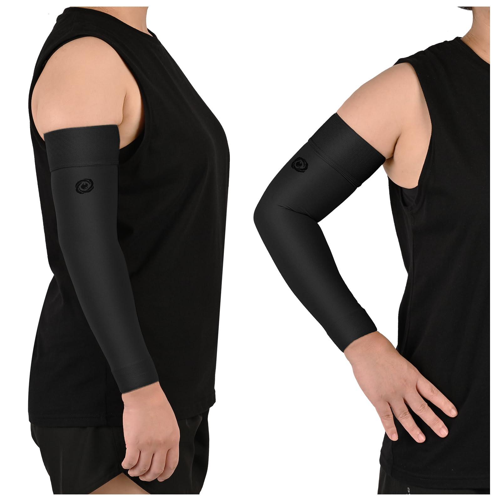 NURCOM NURCOM® Medical Compression Arm Sleeve for Men Women, 2 Pack, 20-30mmHg Full Arm Support with Silicone Band for Lymphedema, Lipedema, Pain Relief, Edema, Swelling, Post Surgery Recovery, Black L