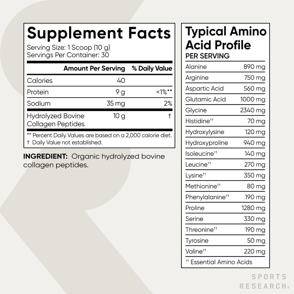 Sports Research Sports Research Organic Collagen Peptides - Hydrolyzed Type I & III Collagen Protein Powder Sustainably Sourced from Grass-Fed Bovine - Unflavored, Organic Certified & Gluten Free - 30 Servings