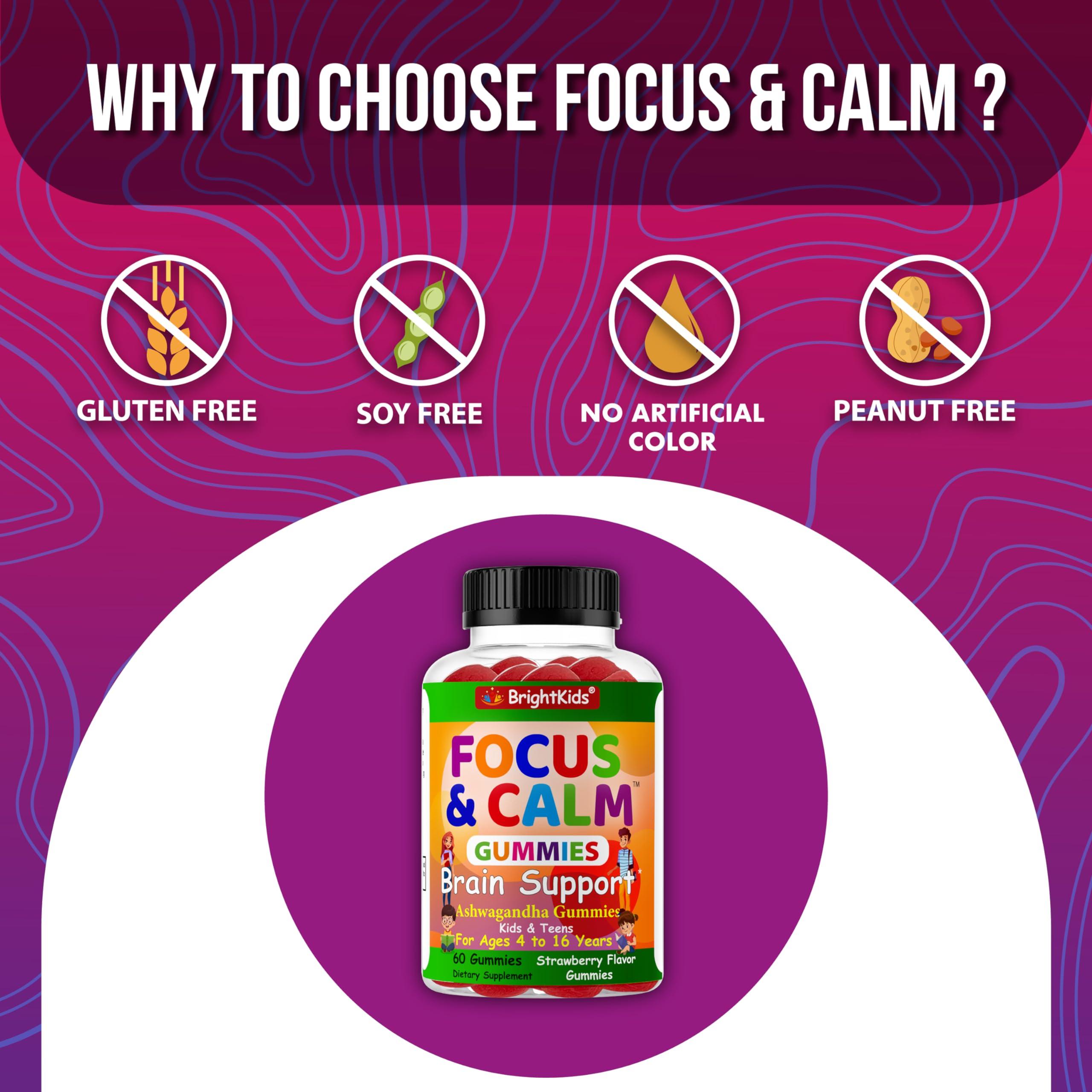 BrightKids BrightKids Focus and Calm Gummies with Ashwagandha Extract, Naturally Support Concentration, Rest, Mood, Energy, Focus and Relaxation in Children, Tasty and Effective Daily Supplement- 60ct